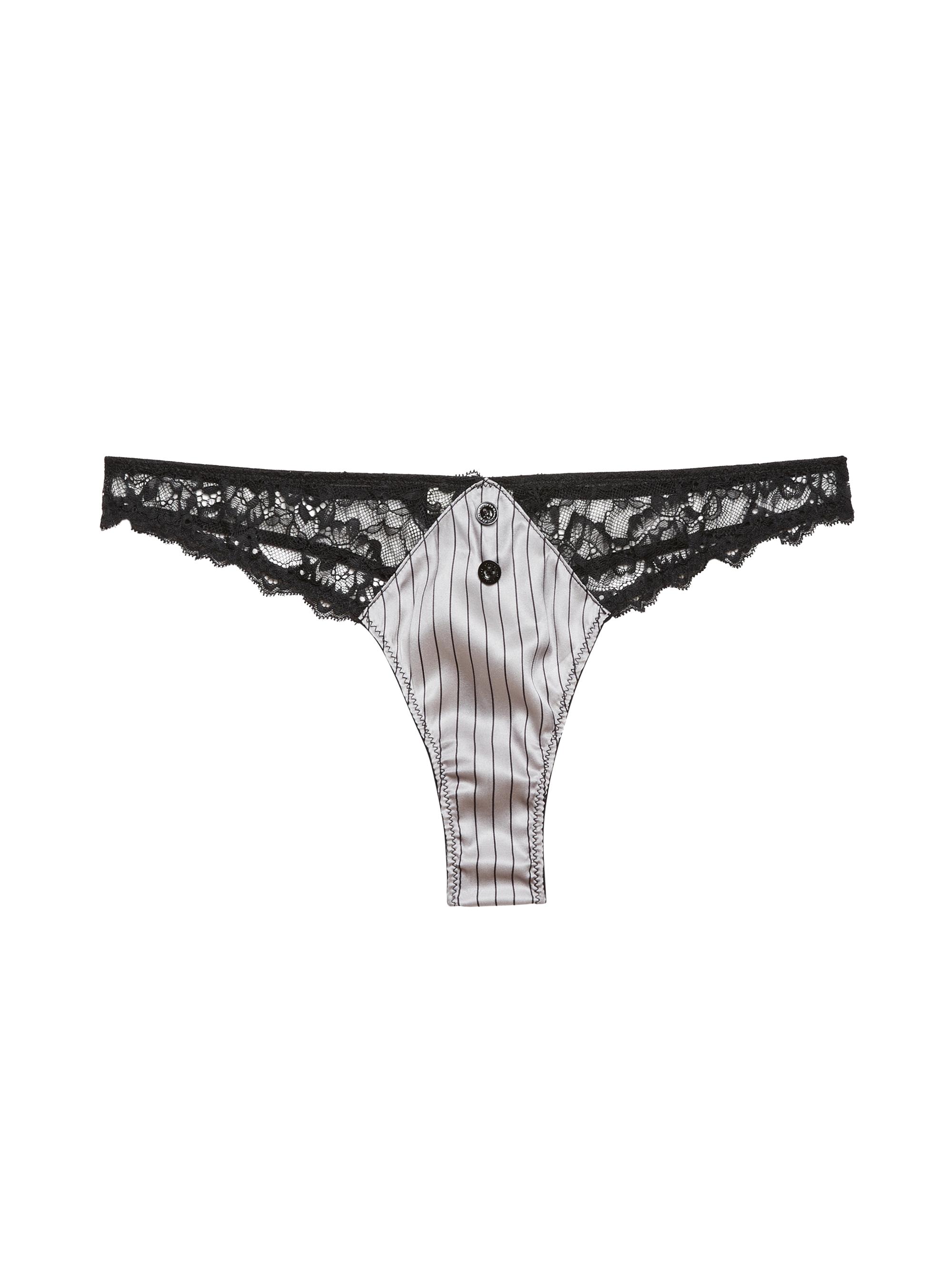 Fleur du Mal Women's Executive Silk & Lace Thong - Ash Pinstripe