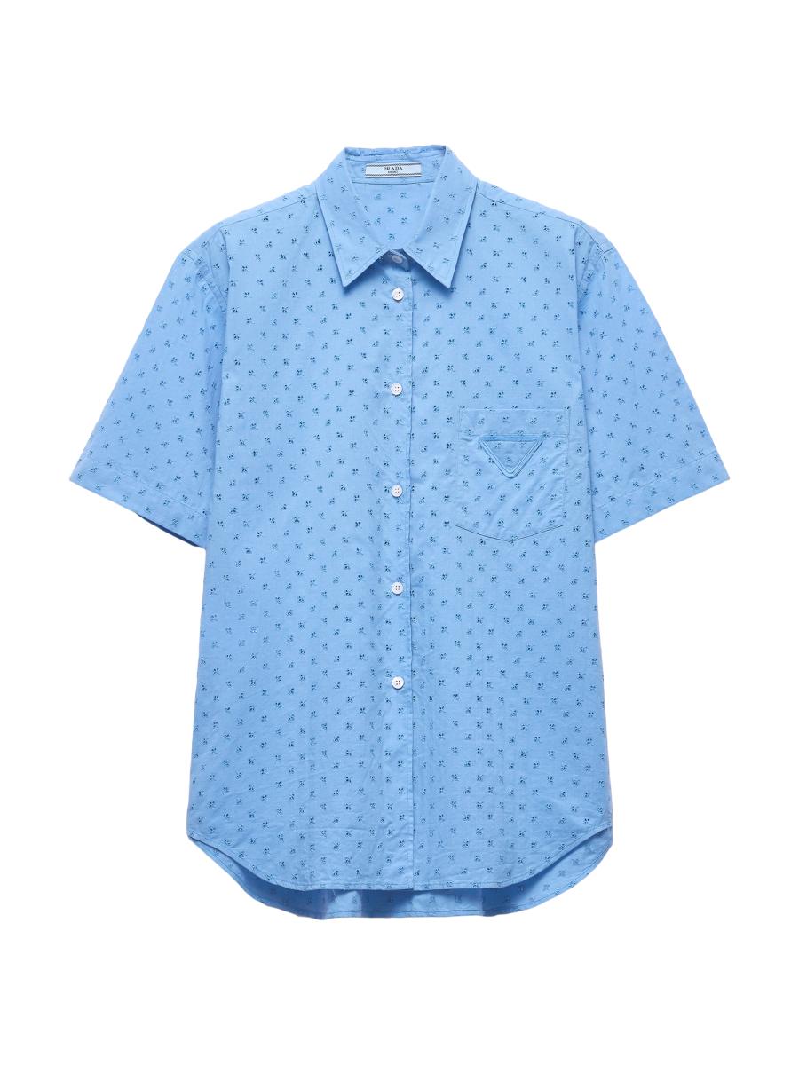 Prada Women's Short-sleeved Eyelet Lace Shirt In Blue