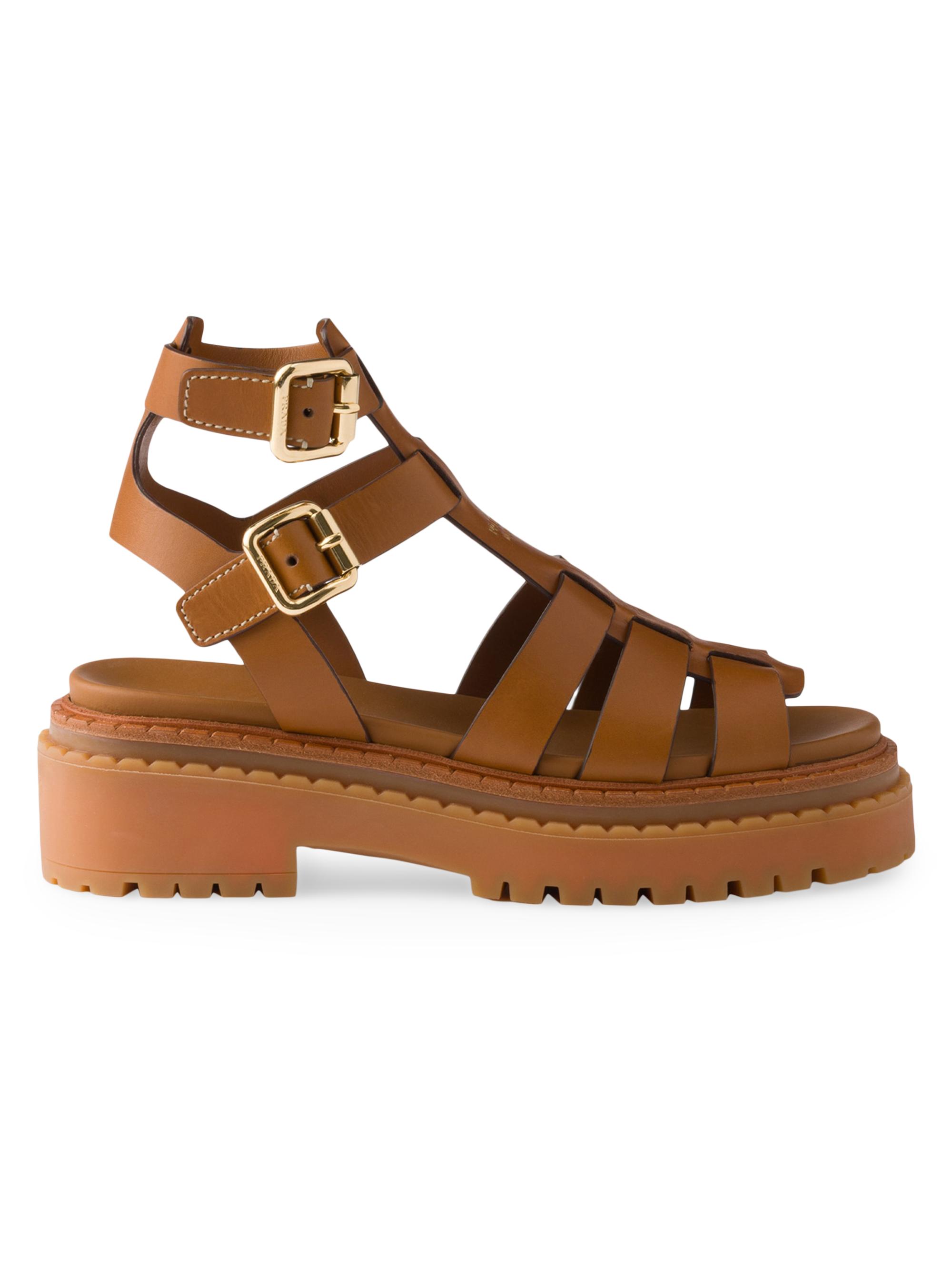 Prada Women's Leather Sandals with Ankle Straps - Brown