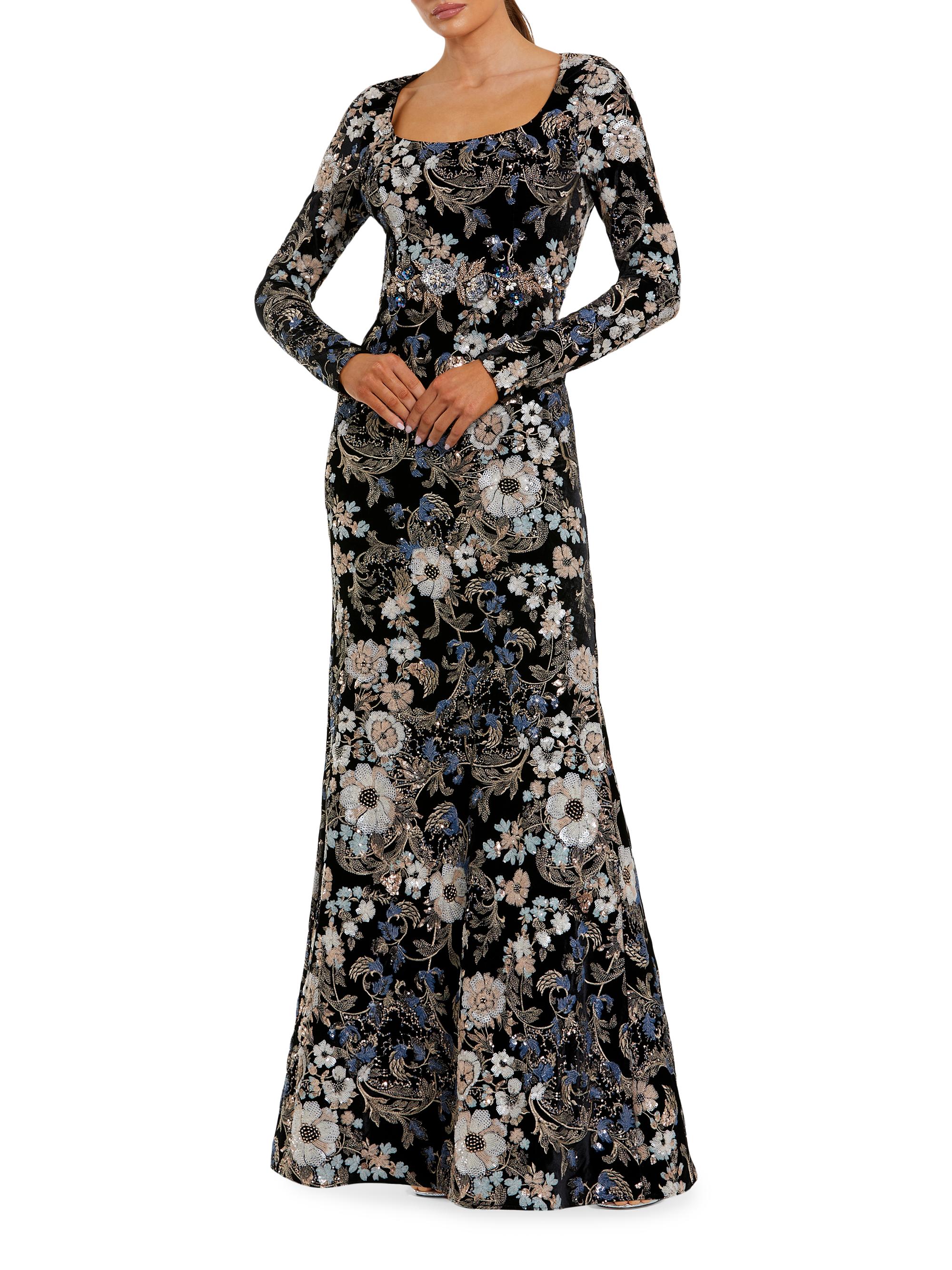 Mac Duggal Women's Embroidered Velvet Long-Sleeve Gown - Black Multi