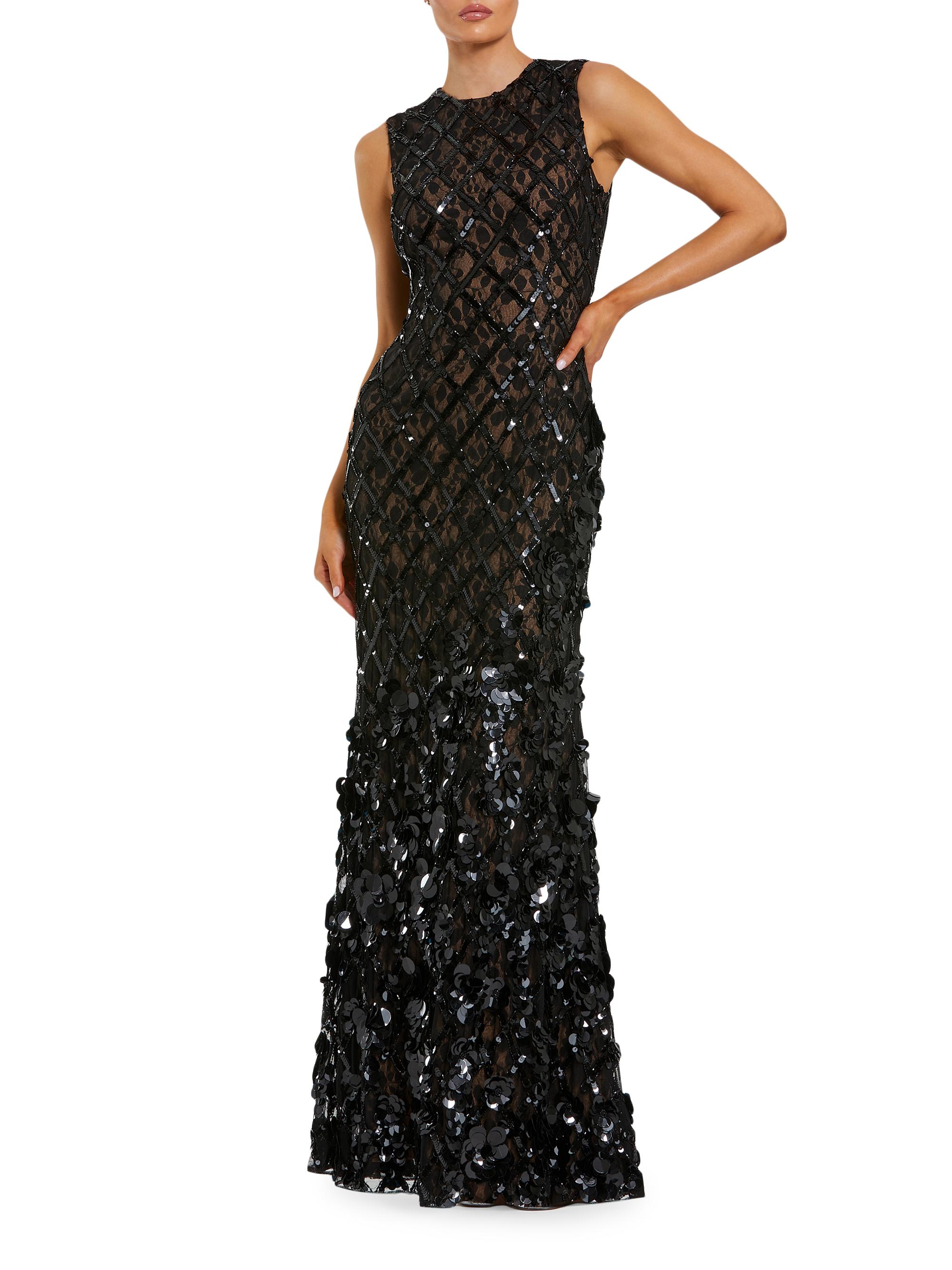 Mac Duggal Women's Mesh Beaded Sequin Mermaid Gown - Black Beige