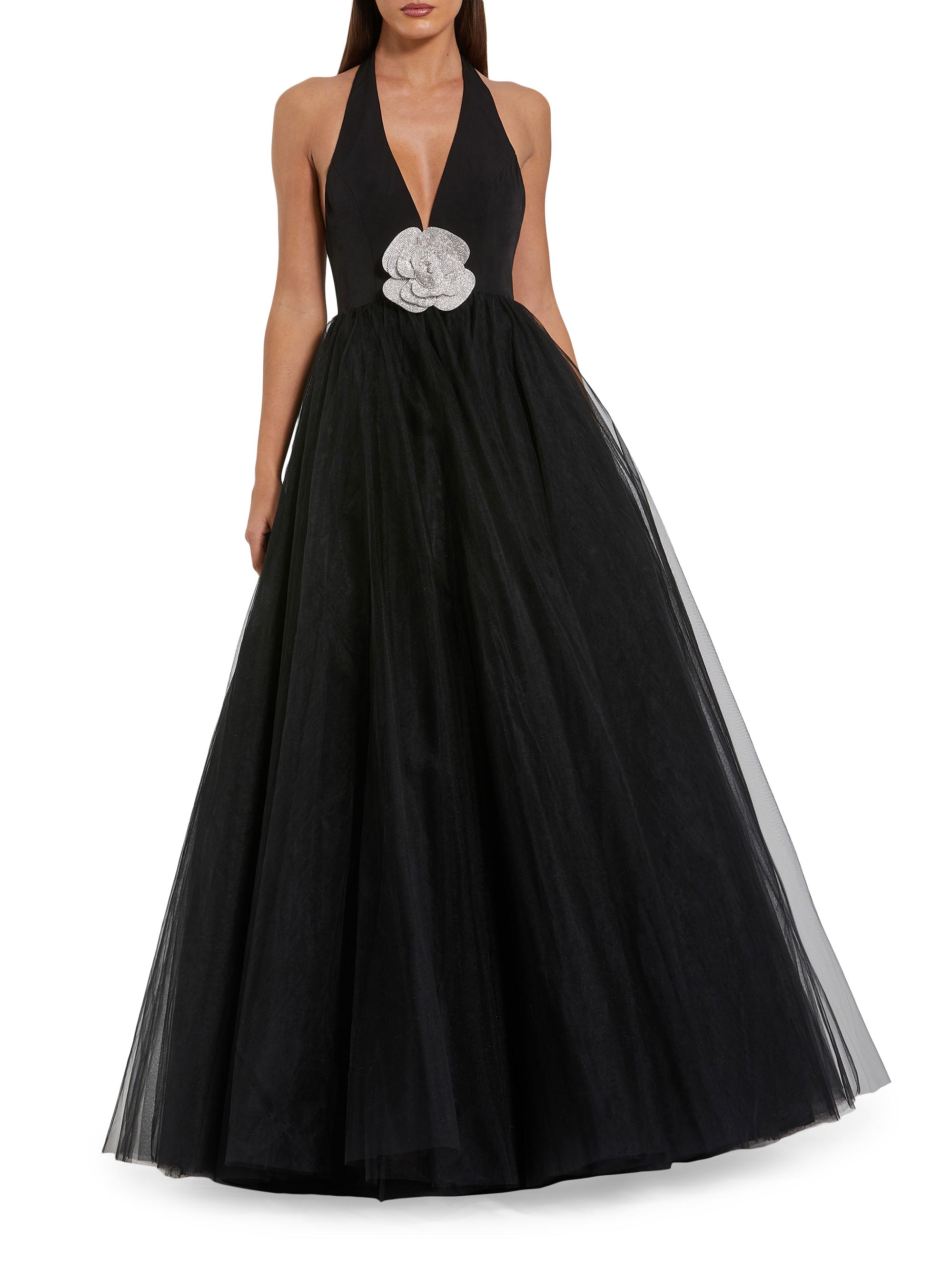 Mac Duggal Women's Flower Embellished Halterneck Ball Gown - Black