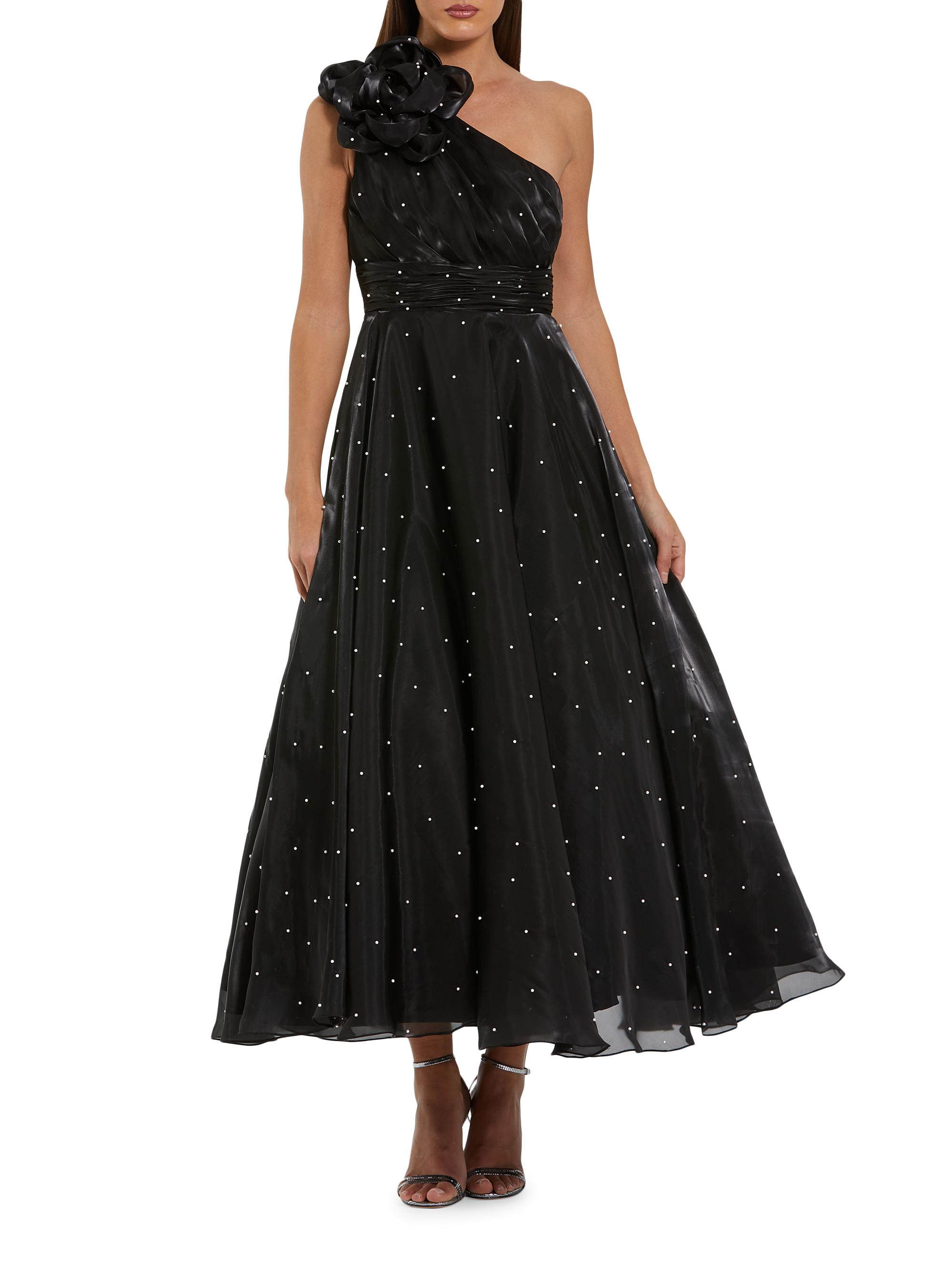 Mac Duggal Women's Pearl Beaded Organza One-Shoulder Tea-Length Dress - Black