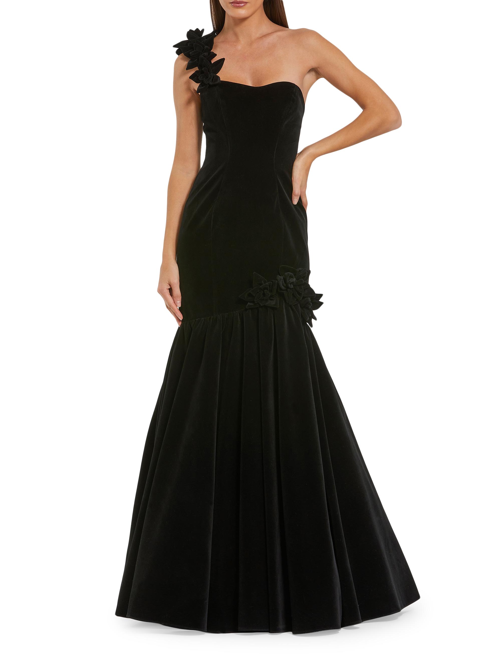Mac Duggal Women's Velvet One-Shoulder Trumpet Bubble Hem Gown - Black