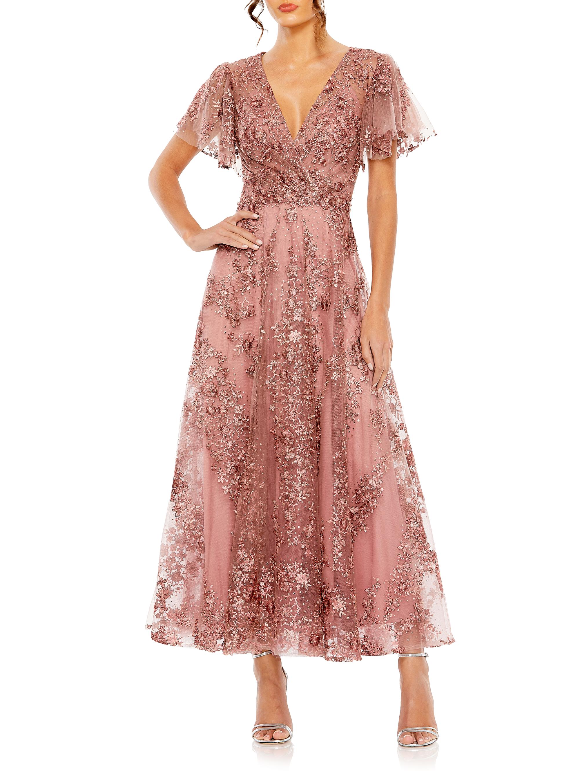 Mac Duggal Women's Embellished Flutter Sleeve Faux Wrap Gown - Mauve