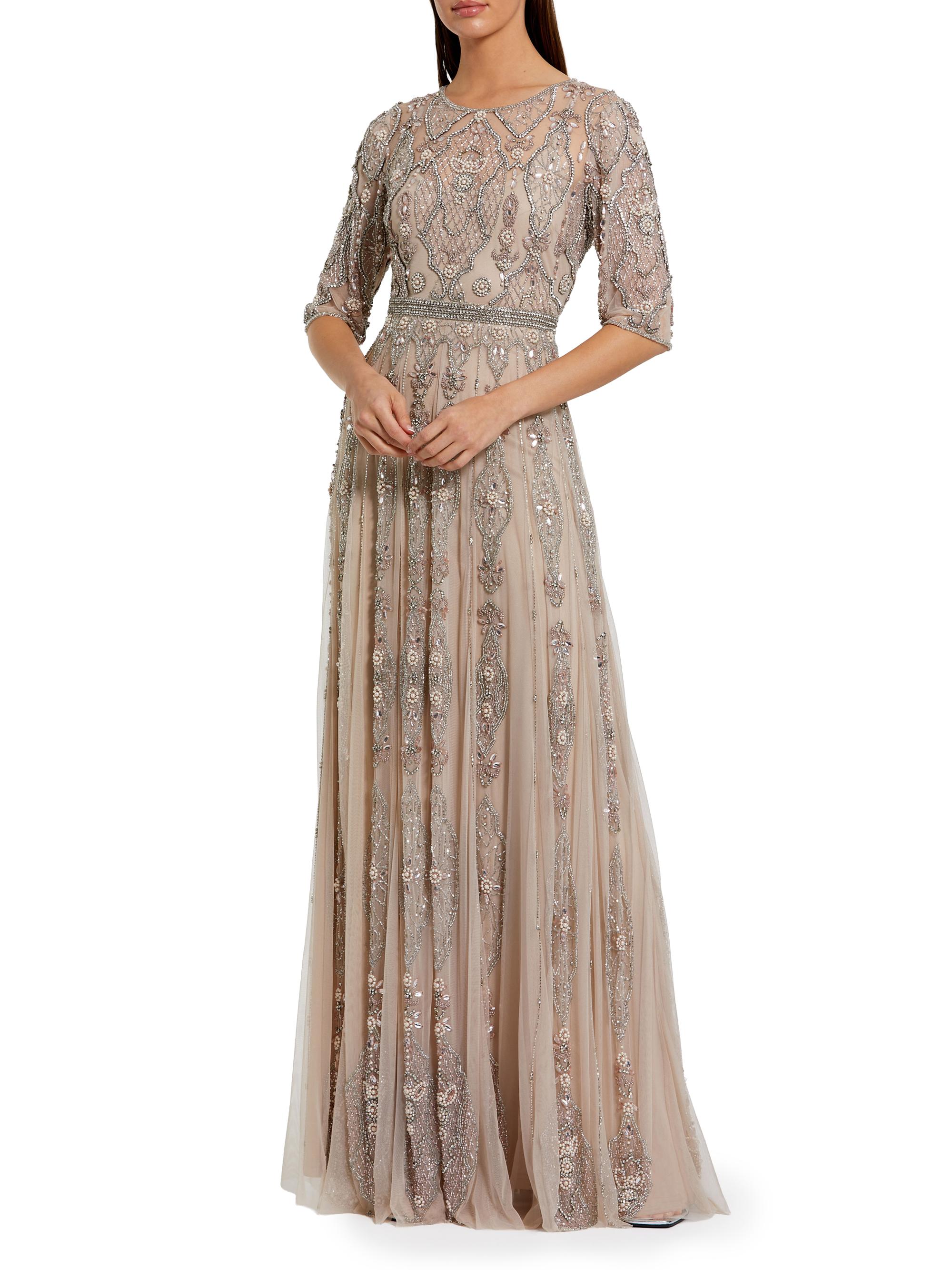 Mac Duggal Women's Three-Quarter Sleeve Embellished Mesh Gown - Vintage Lilac