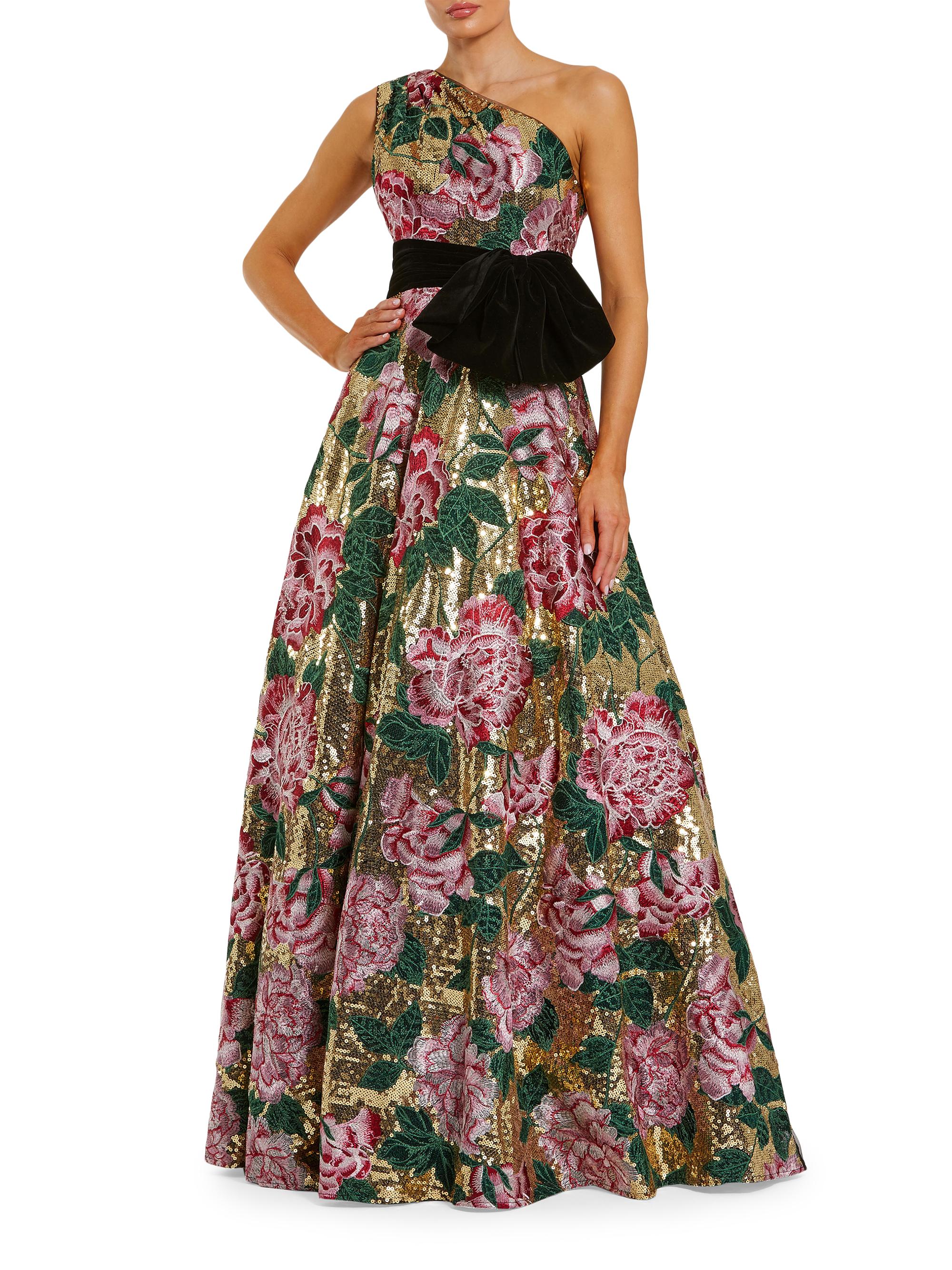 navy blue dress for baby girl Mac Duggal Brocade Strapless Floral Gown With Ruffle Hem main image 0
