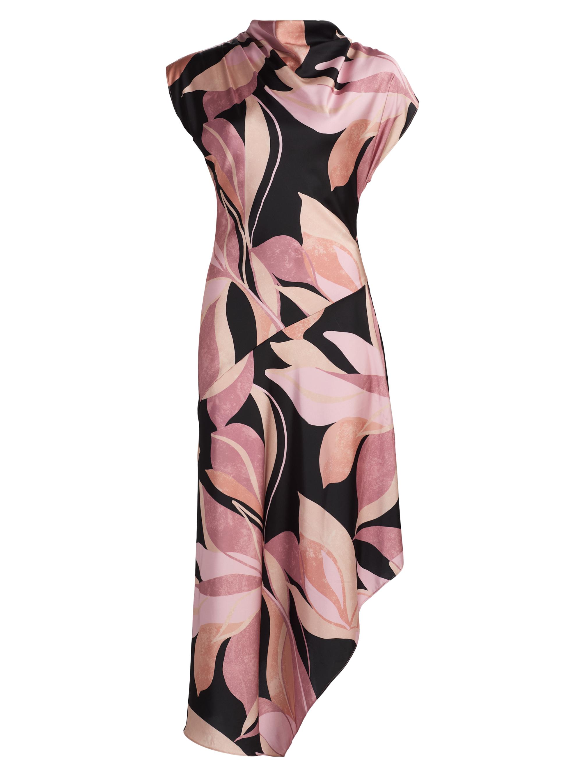 Misa Los Angeles Women's Sally Asymmetric Satin Midi-Dress - Moody Abstract Floral Stn