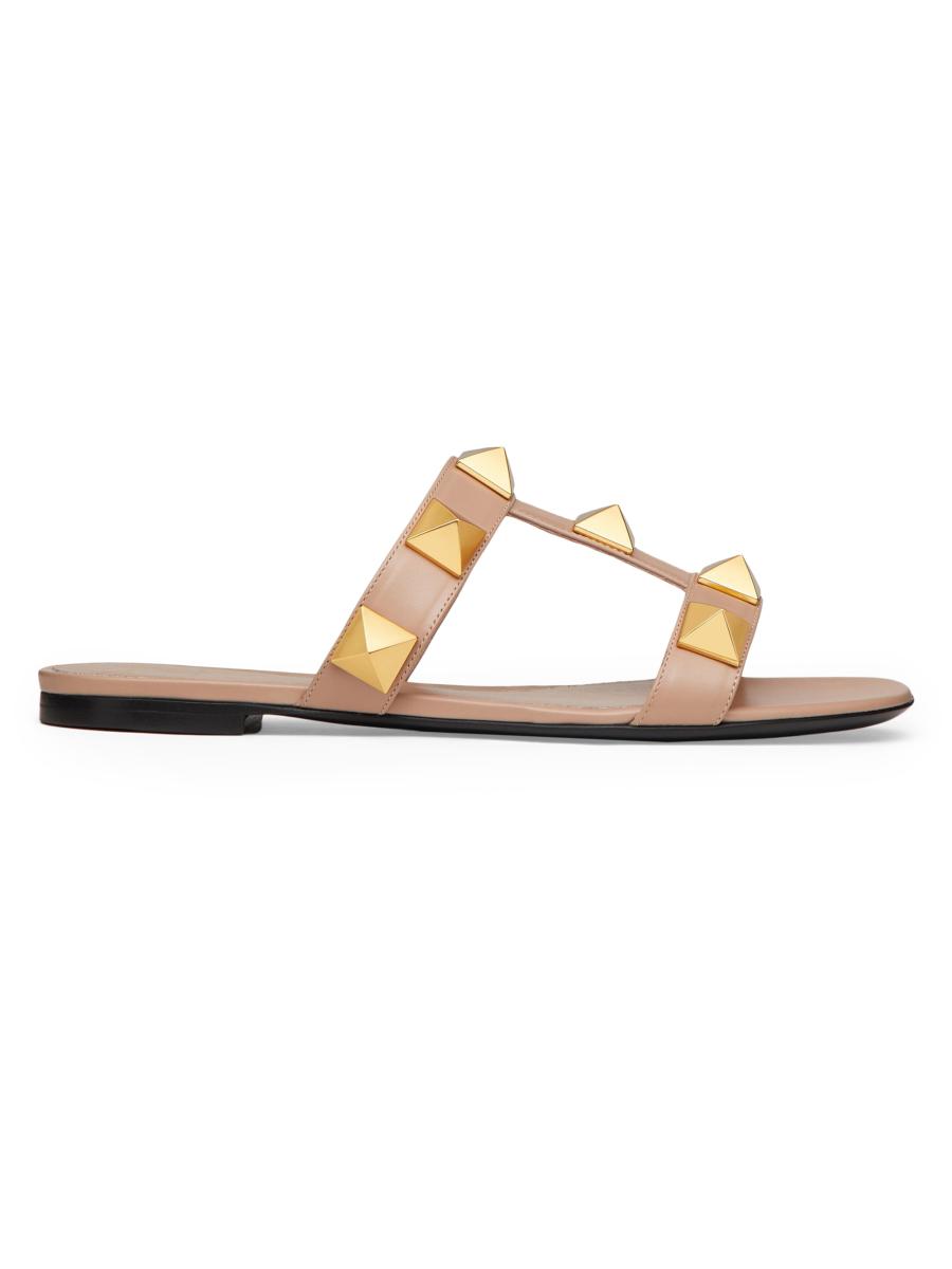 【VALENTINO GARAVANI】 ROMAN STUD FLAT SLIPPERS Flat Roman Stud Calfskin Slide Sandal for Woman in Light