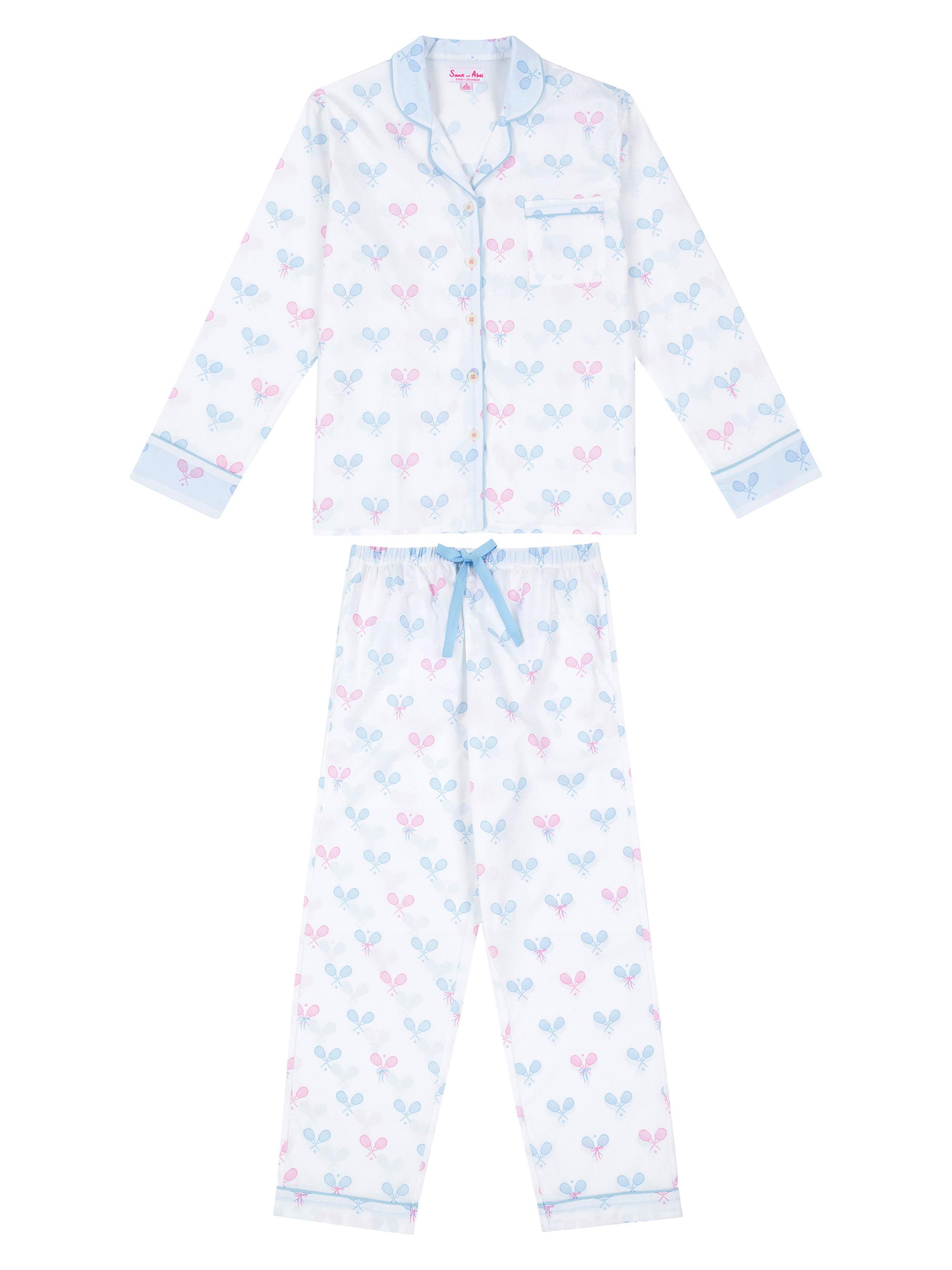 Sant and Abel Women's Tennis Bows Long Pajama Set - Pastel Blue