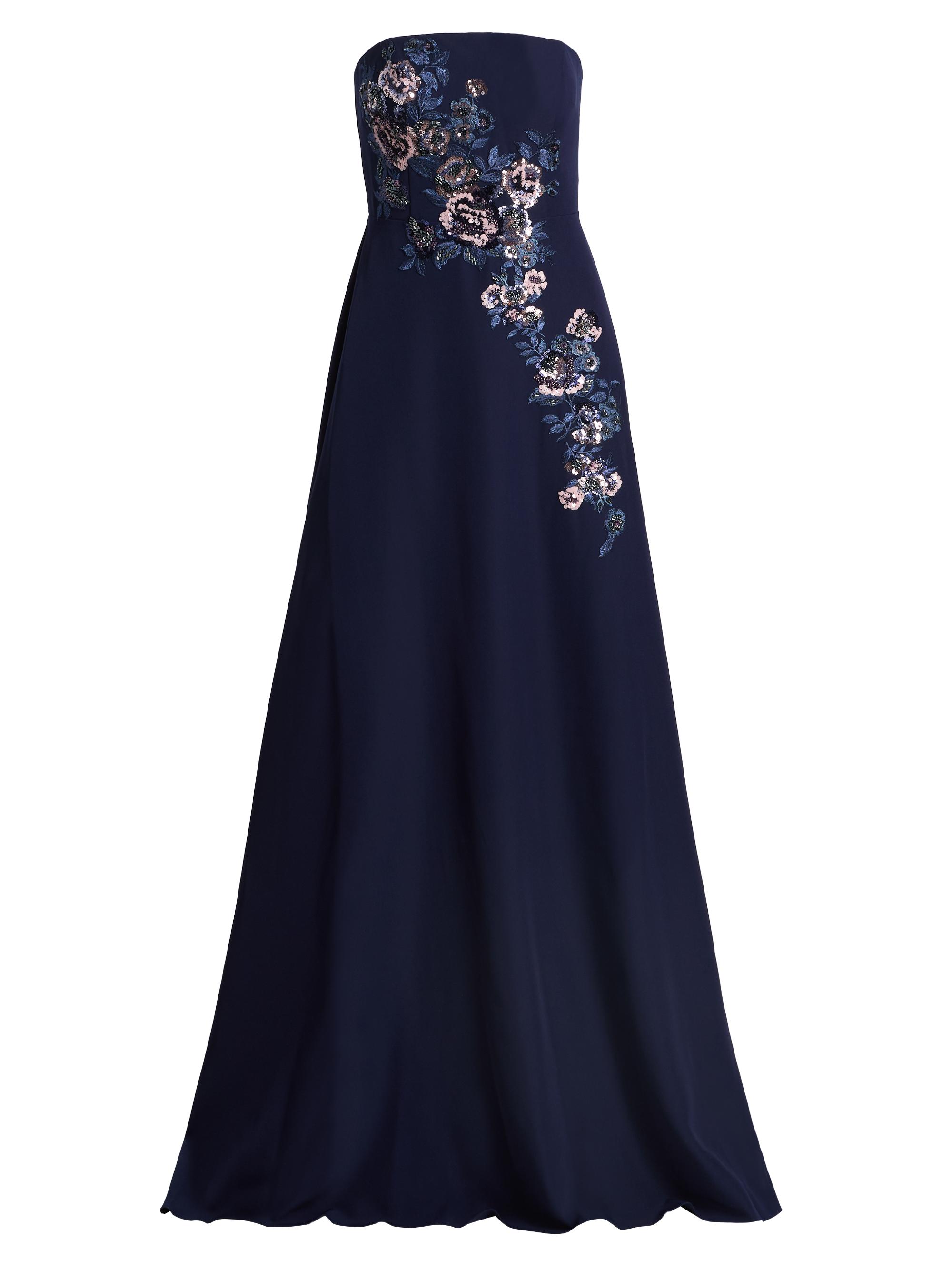 Rene Ruiz Collection Women's Embroidered Floral Crepe Strapless Column Gown - Navy