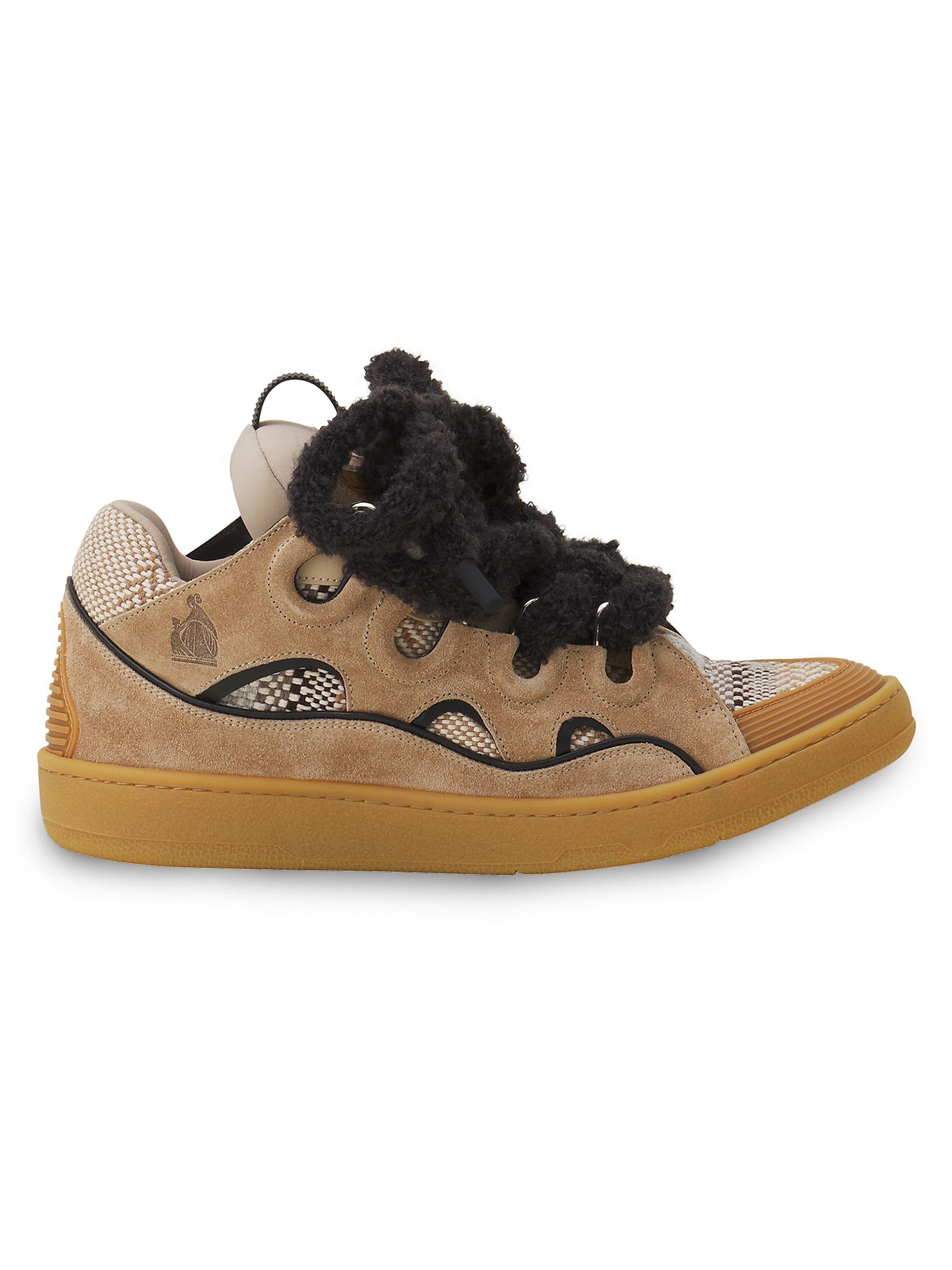 Lanvin Men's Curb Suede Sneakers with Mesh Laces - Hemp