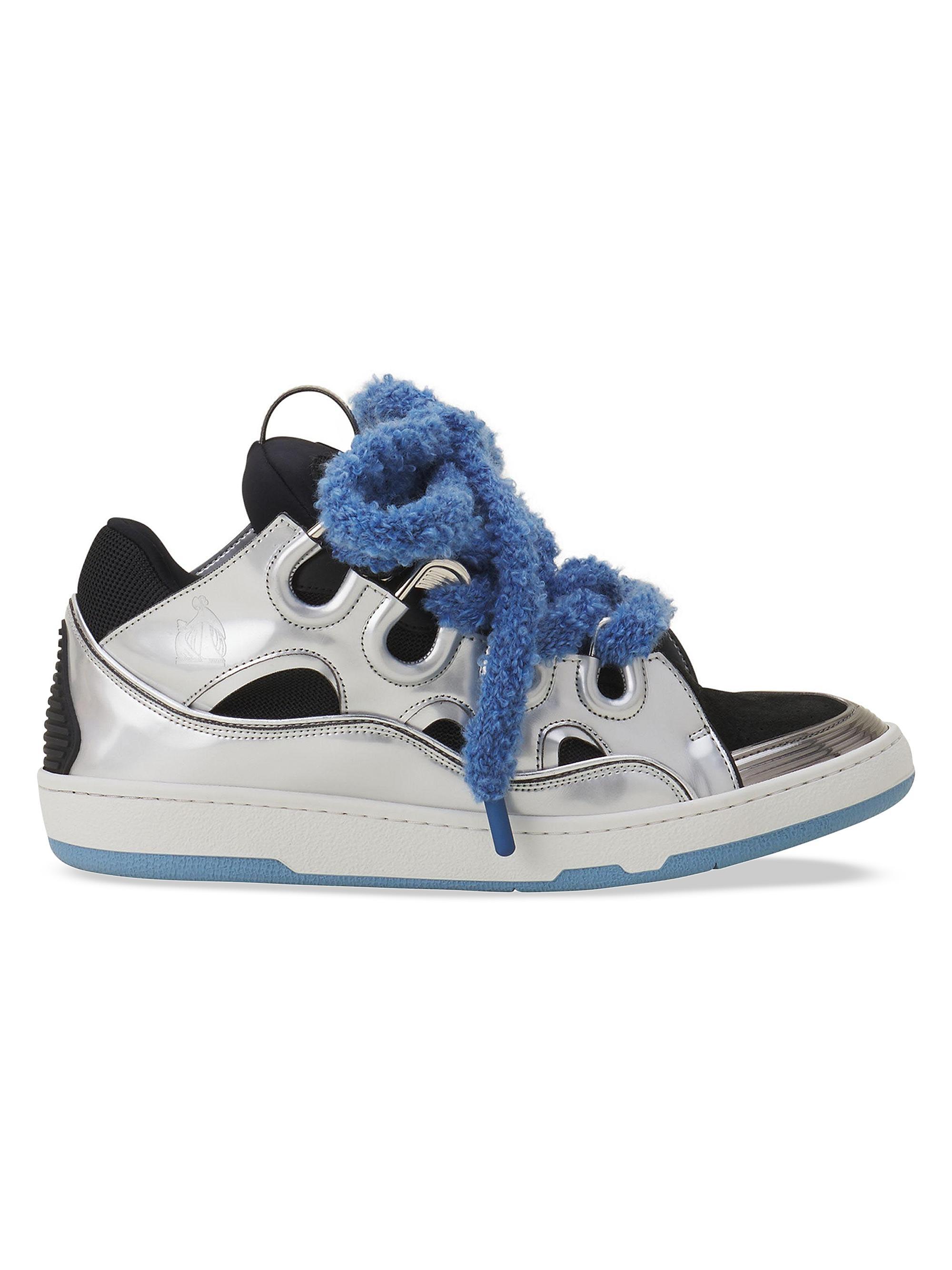 Lanvin Men's Curb Metallic Leather Sneakers with Mesh Laces - Silver