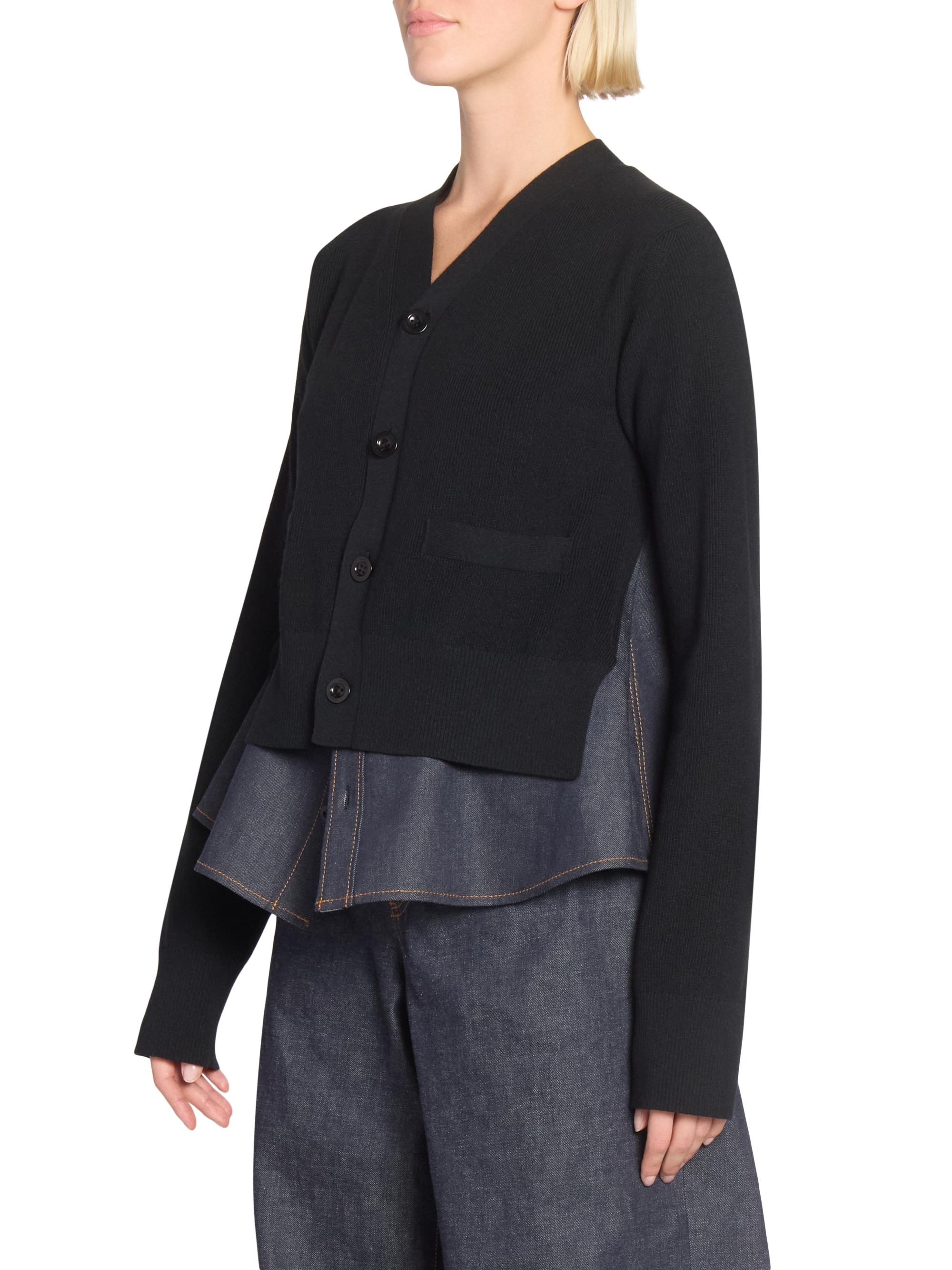 Sacai Denim & Rib-Knit V-Neck Cardigan | Saks Fifth Avenue