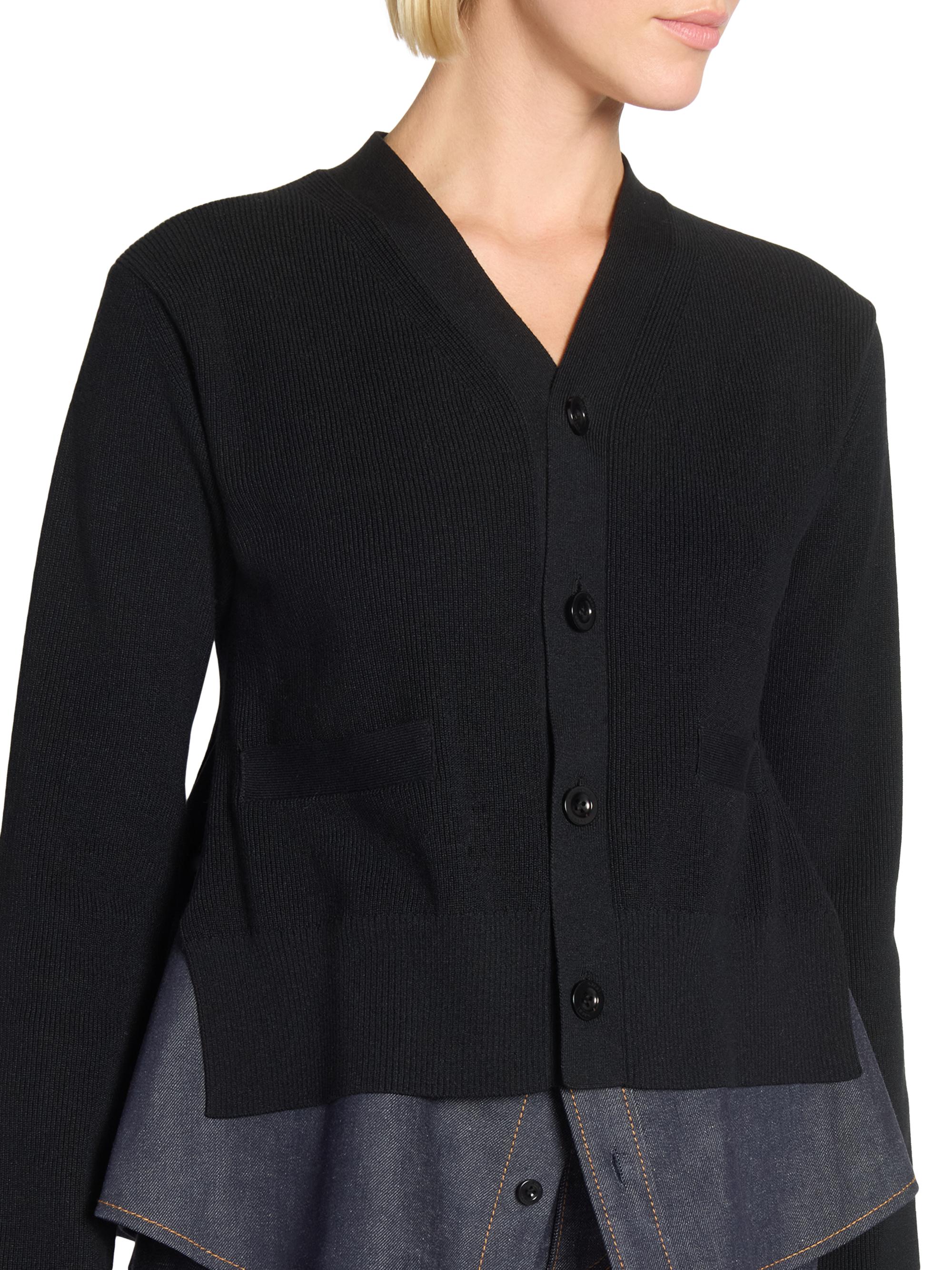 Sacai Denim & Rib-Knit V-Neck Cardigan | Saks Fifth Avenue