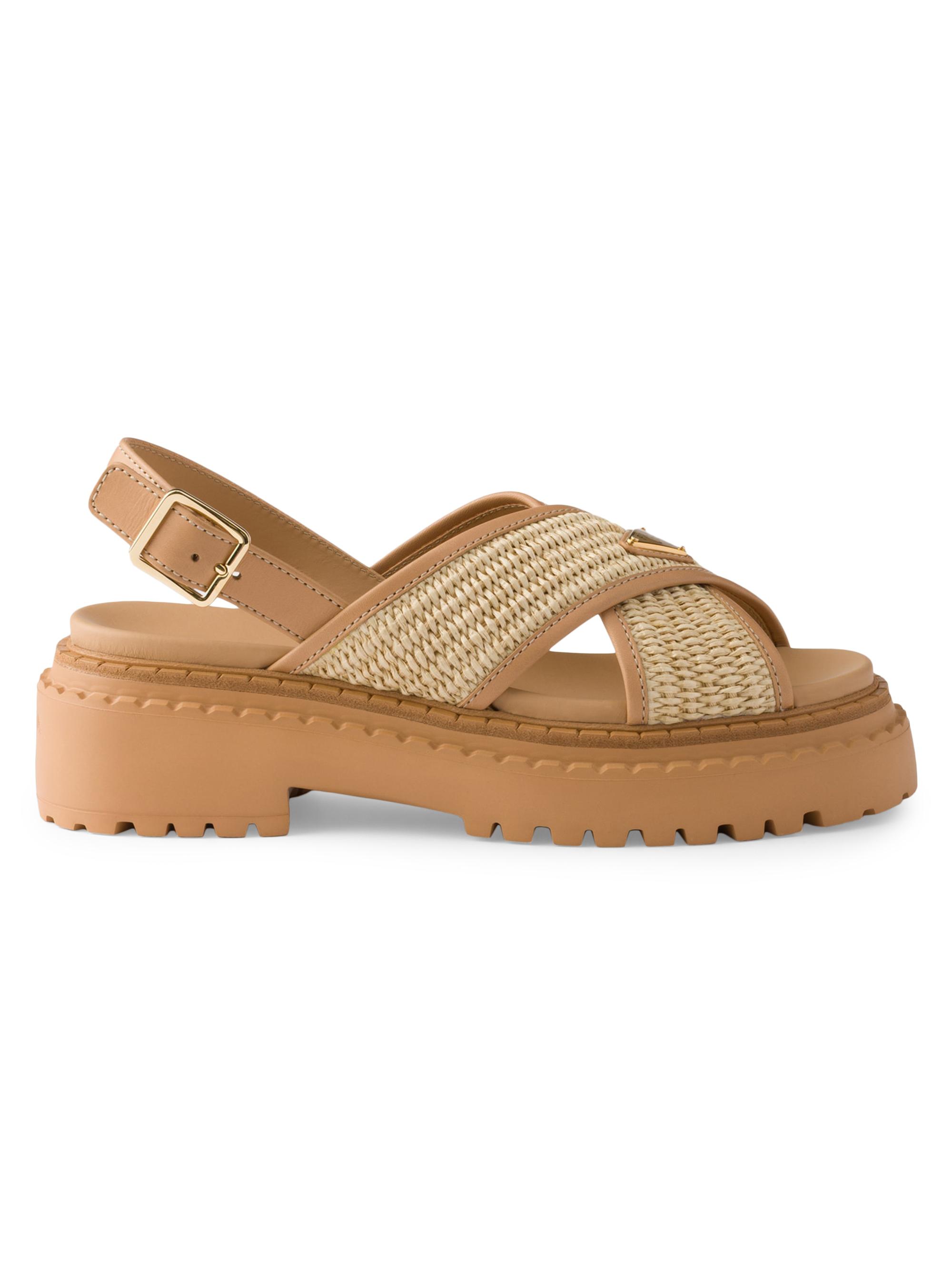 Prada Women's Crochet and Leather Sandals - Beige Khaki
