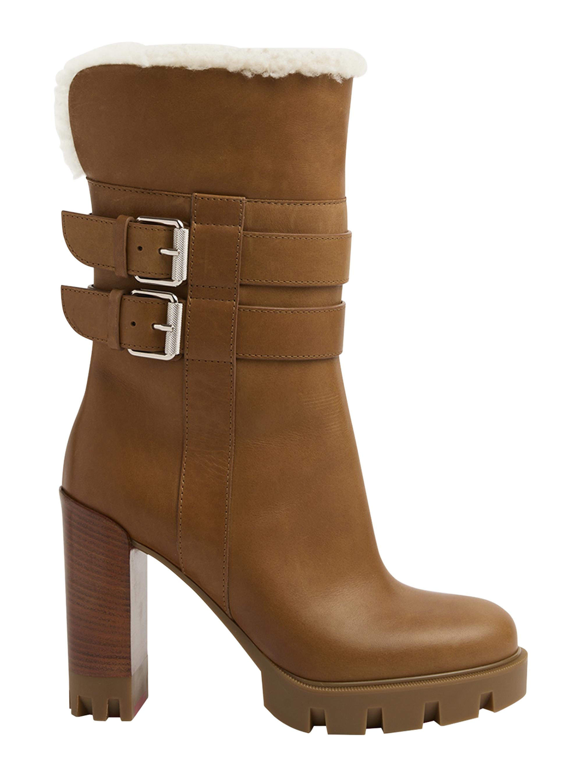 Christian Louboutin Women's Elisawalk 100MM Shearling-Trim Leather Ankle Boots - Terra