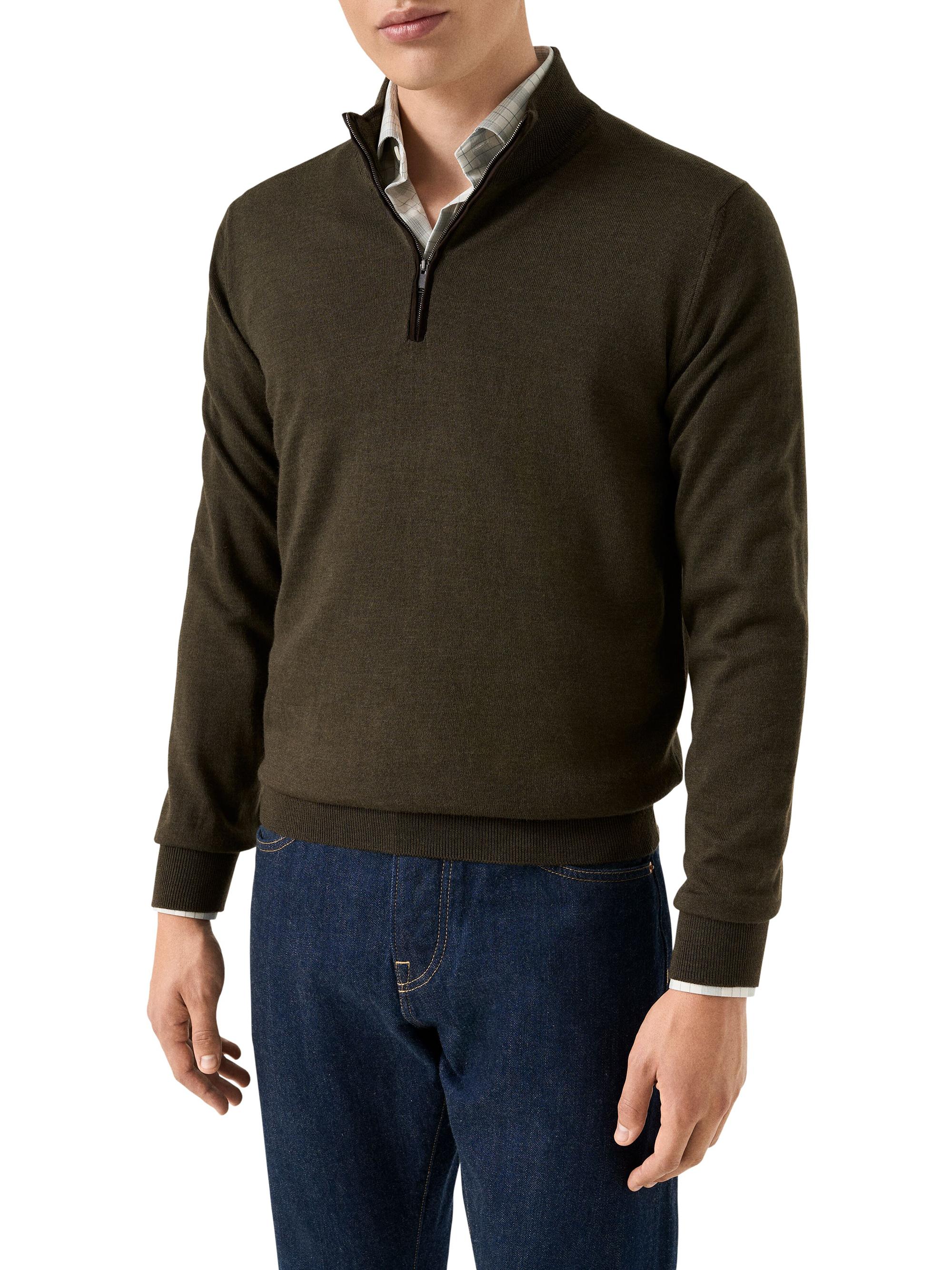 Eton Men's Merino Wool Quarter-Zip Sweater - Olive Green