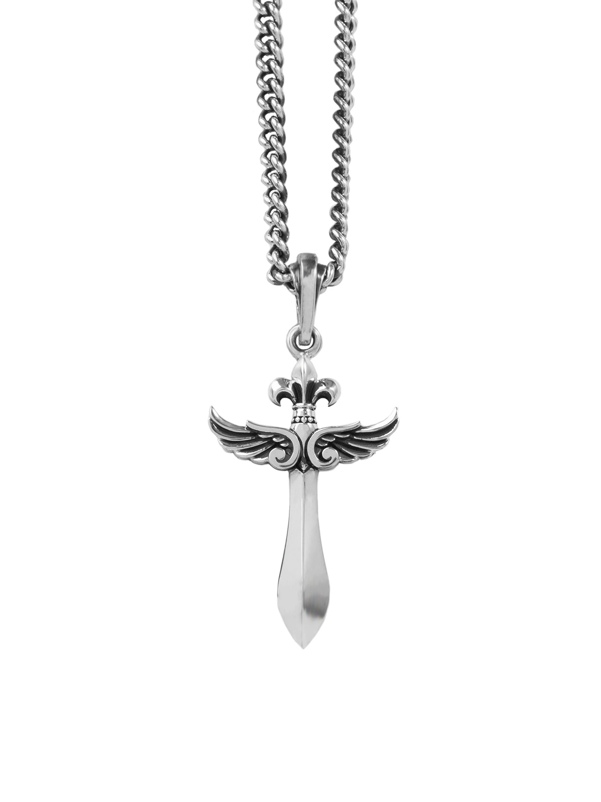 King Baby Studio Men's Sterling Silver Daggar Winged Cross Pendant Necklace - Silver