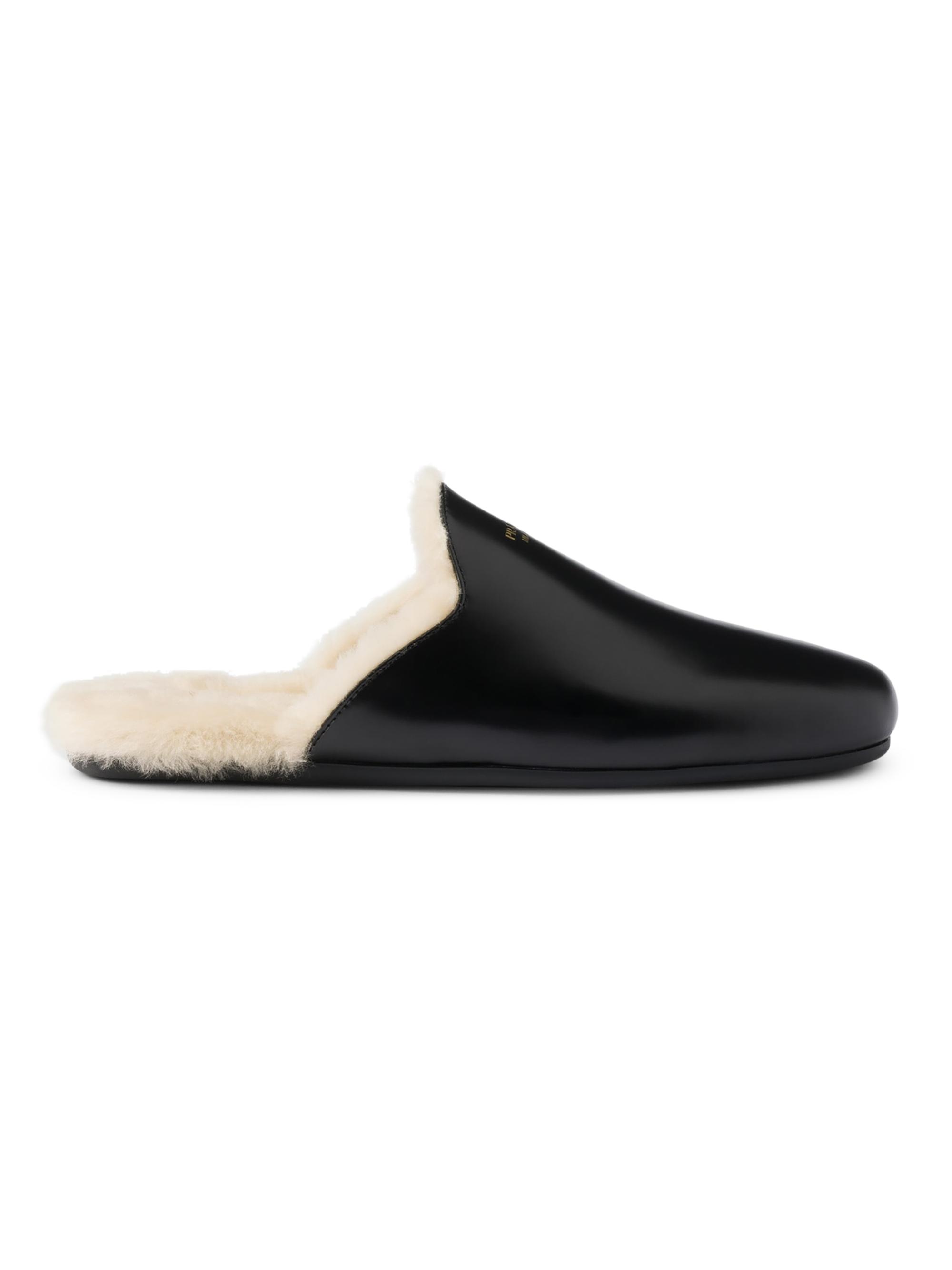 Prada Women's Brushed Leather and Shearling Mules - Black