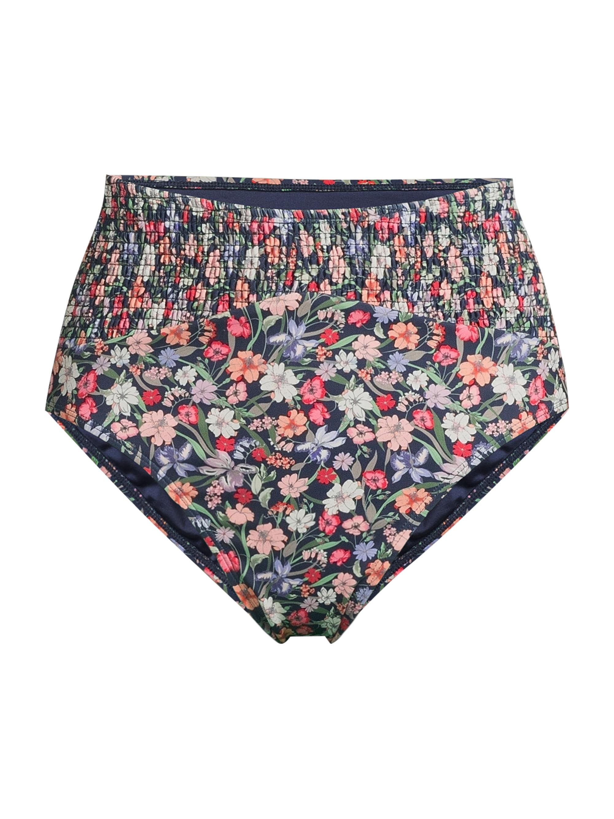 Hutch Women's Marin Smocked High-Rise Bikini Bottom - Navy Tropical Garden