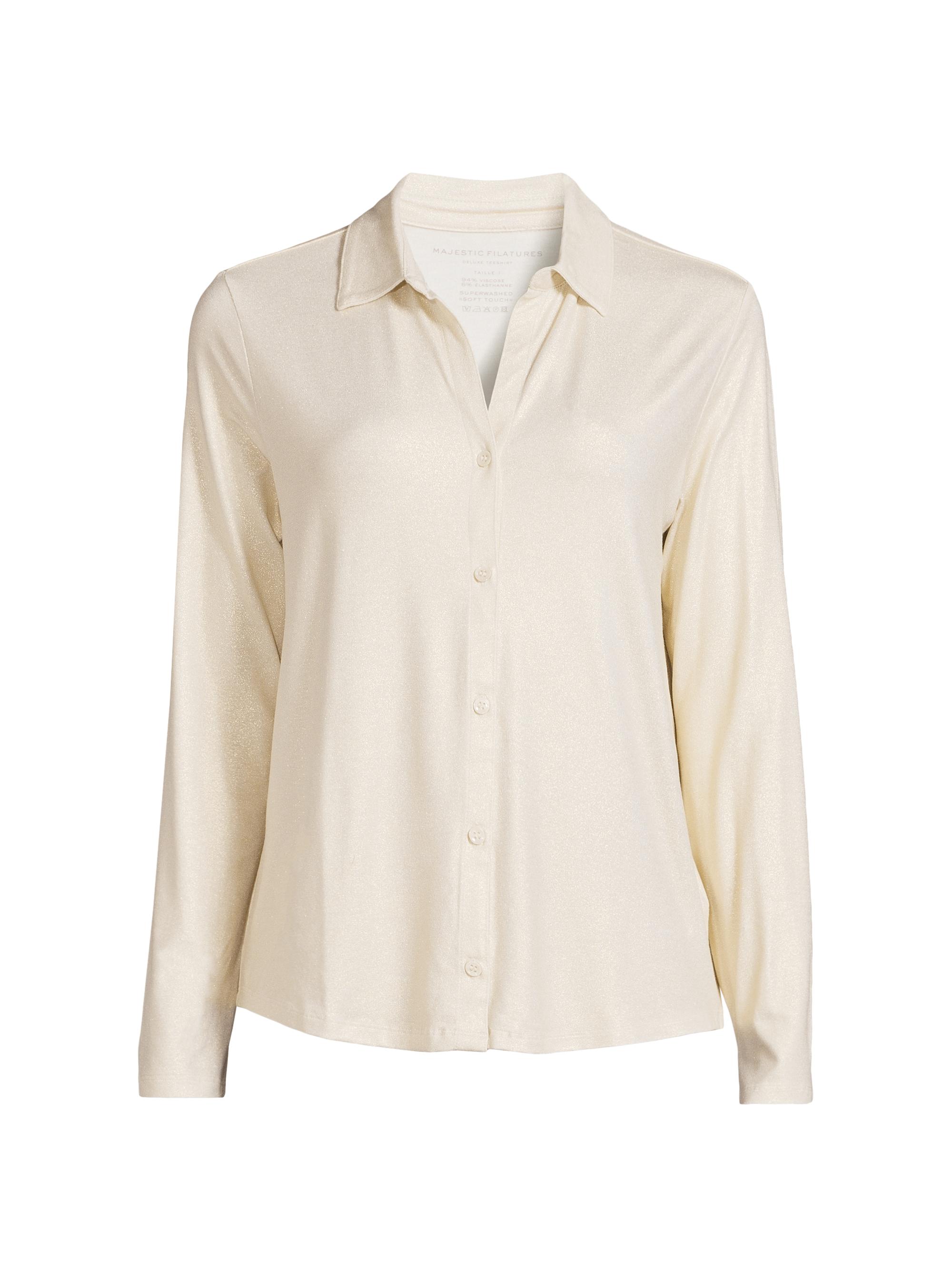 Majestic Filatures Women's Soft Touch Metallic Woven Long-Sleeve Shirt - Blanc