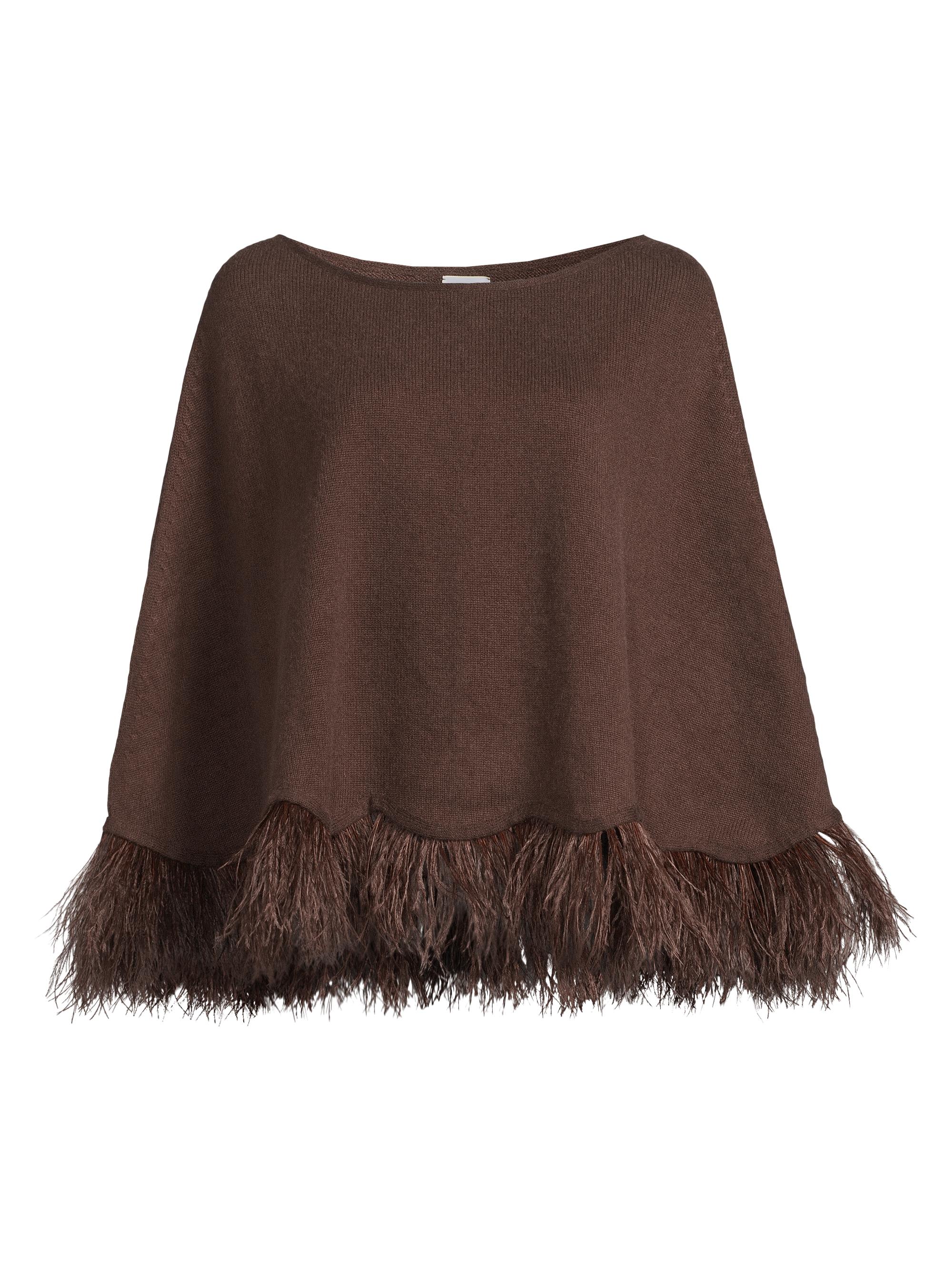 Carolyn Rowan Collection Women's Feather-Trim Cashmere Poncho - Chocolate Brown