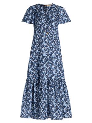 Michael Kors Floral Print Viscose-blend Midi Dress - Blue