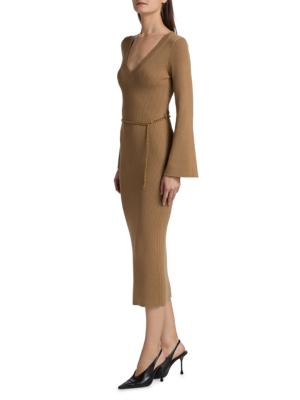 Michael Kors Wool Blend Belted Midi Dress - Brown