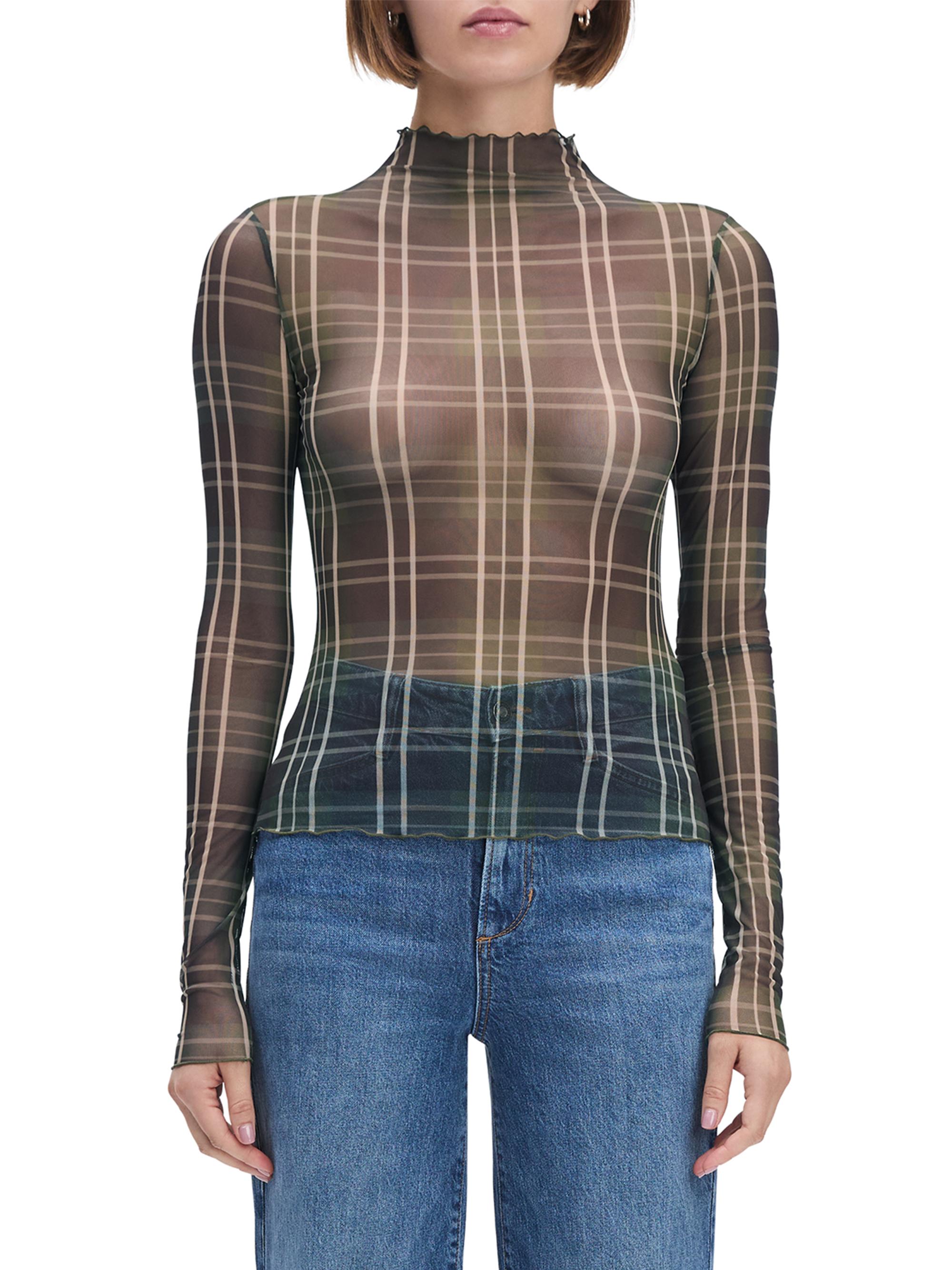 トップス SHEER PLAID VOLUME SLEEVE TOPS J JOYSAY Checkerboard Plaid See Through Tops for Women Mesh Sheer