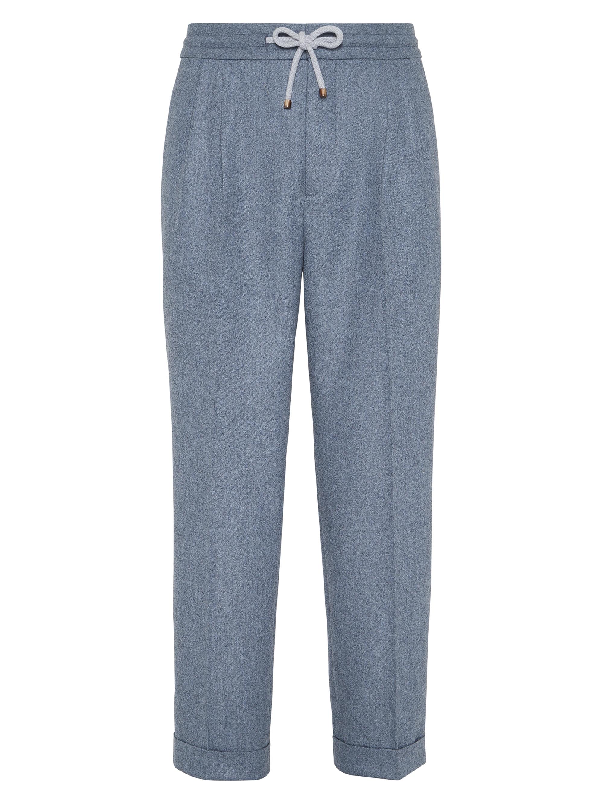 Brunello Cucinelli Men's Virgin Wool Trousers with Drawstring and Double Pleats - Denim