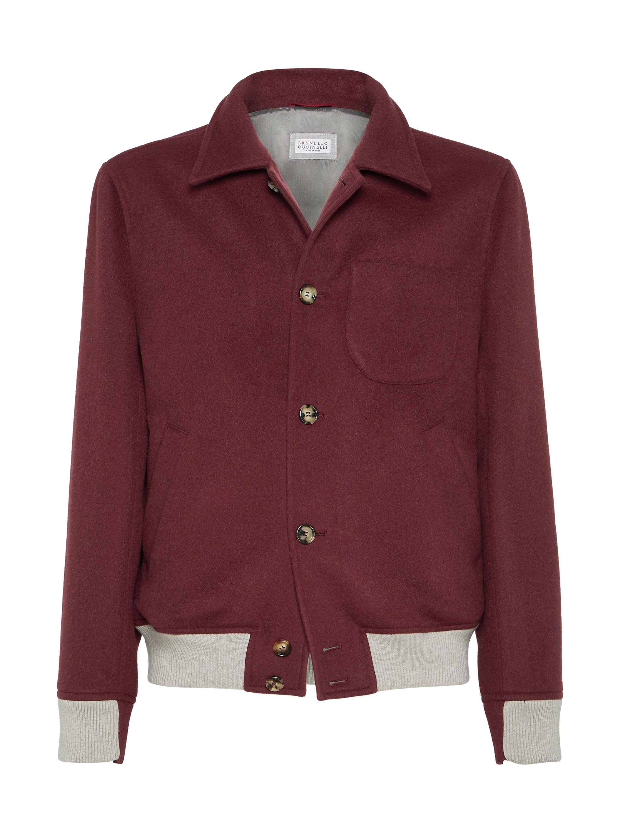 Brunello Cucinelli Men's Wool Flannel Double Cloth Shirt Style Bomber Jacket - Burgundy