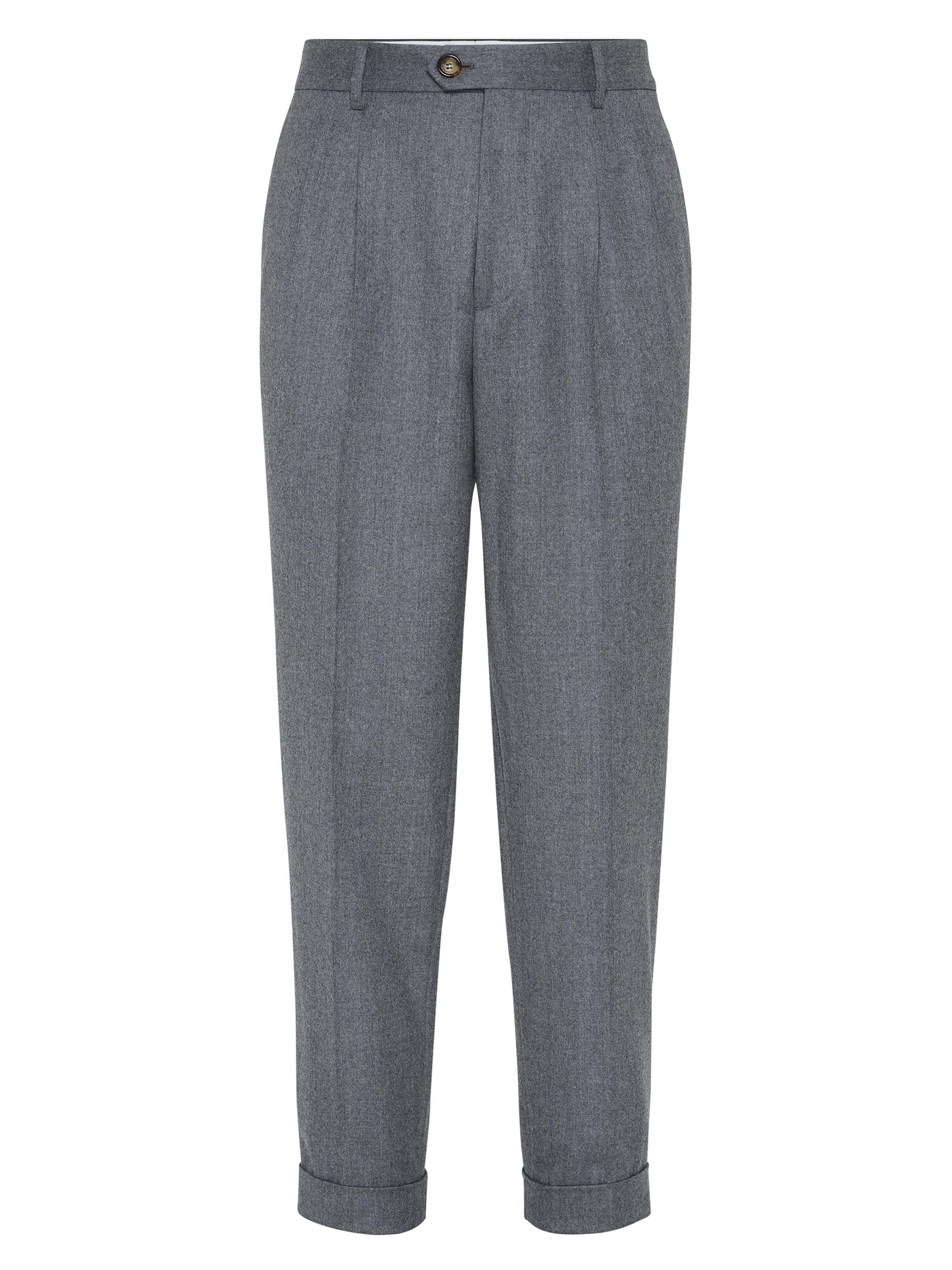 Brunello Cucinelli Men's Virgin Wool Leisure Fit Trousers with Double Pleats - Medium Grey
