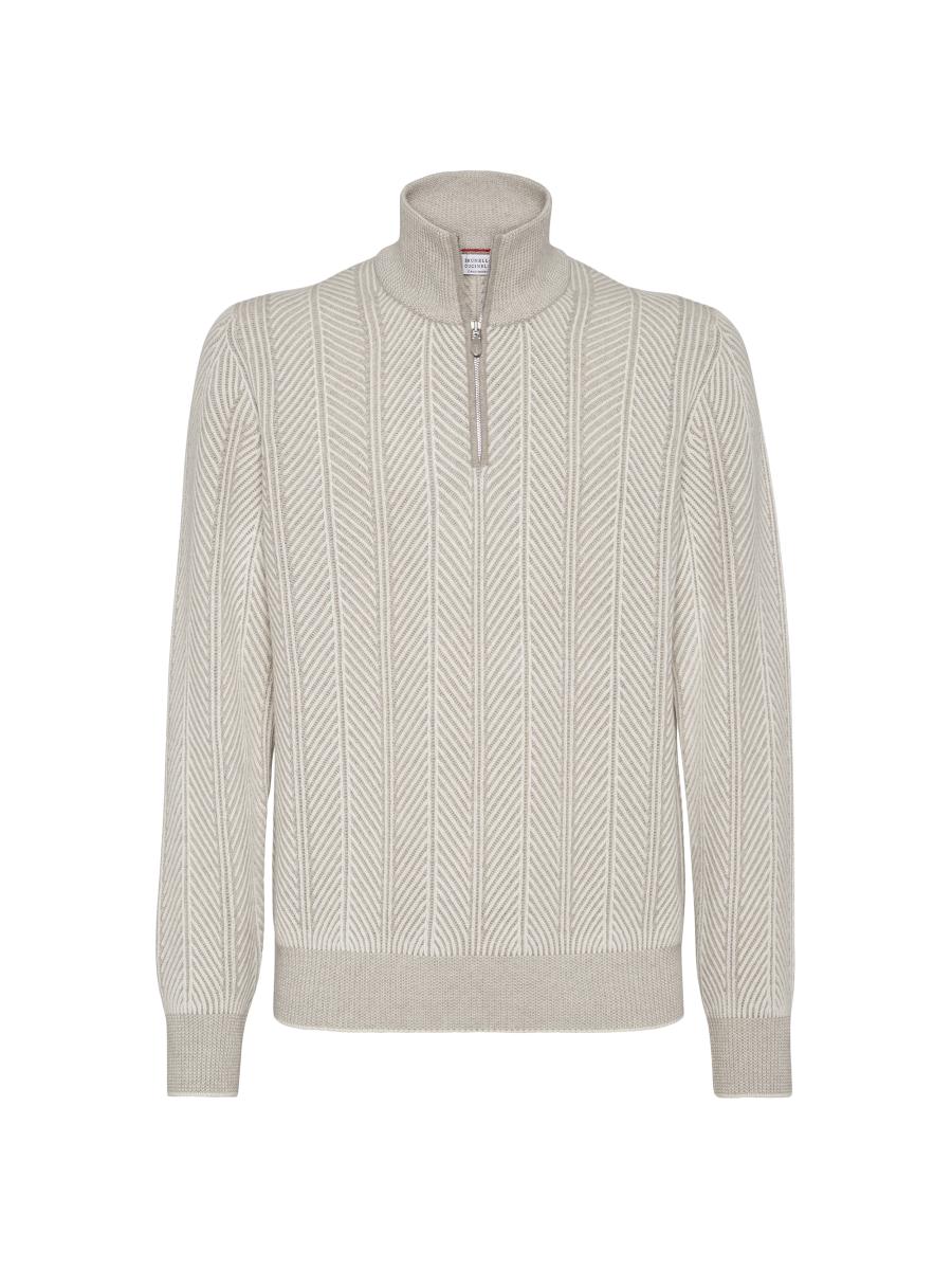 Brunello Cucinelli Men Vanisé Chevron Cashmere Sweater With Polo Neck And Zip Opening
