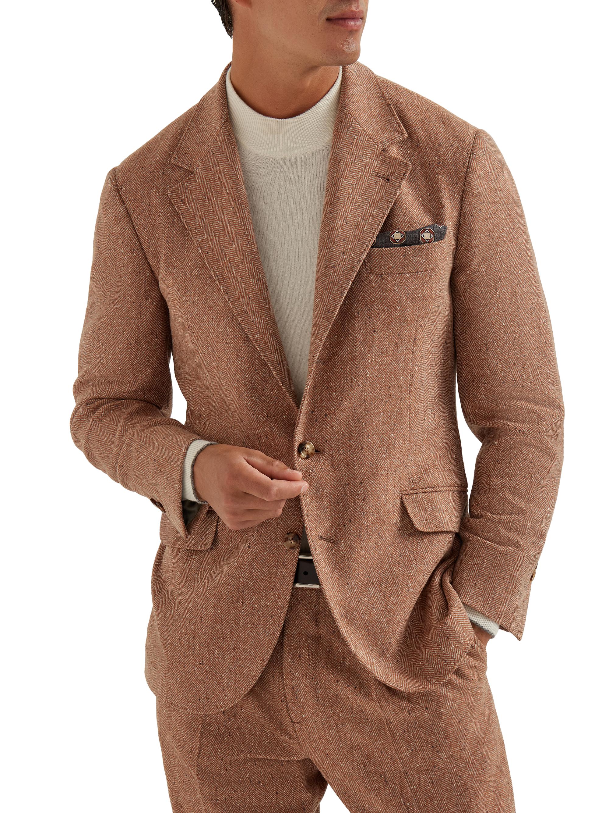 Brunello Cucinelli Men's Wool and Cashmere Flecked Chevron Deconstructed Cavallo Blazer - Light Brown