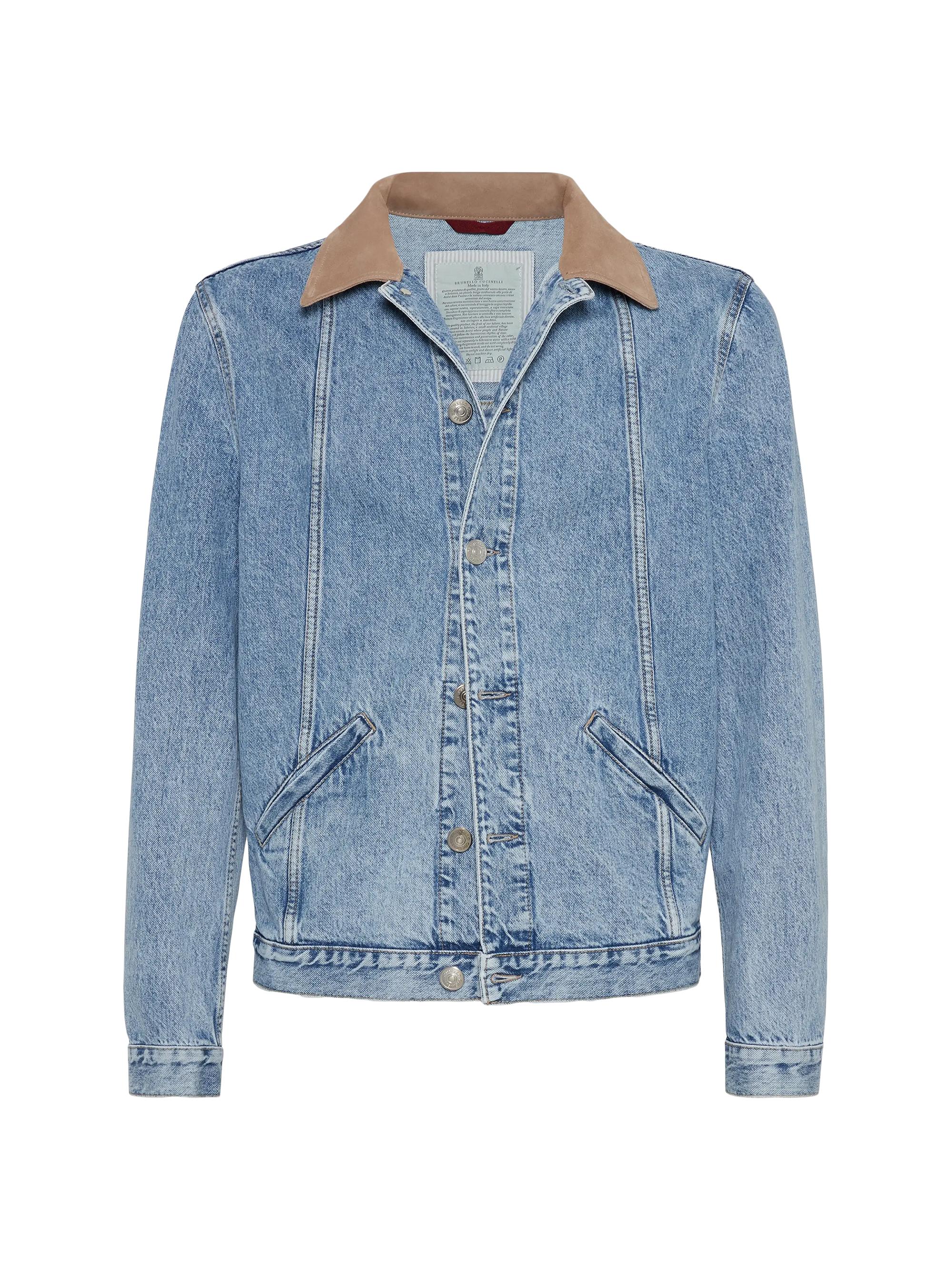 Brunello Cucinelli Men's Denim Outerwear Jacket with Suede Collar - Light Blue Denim