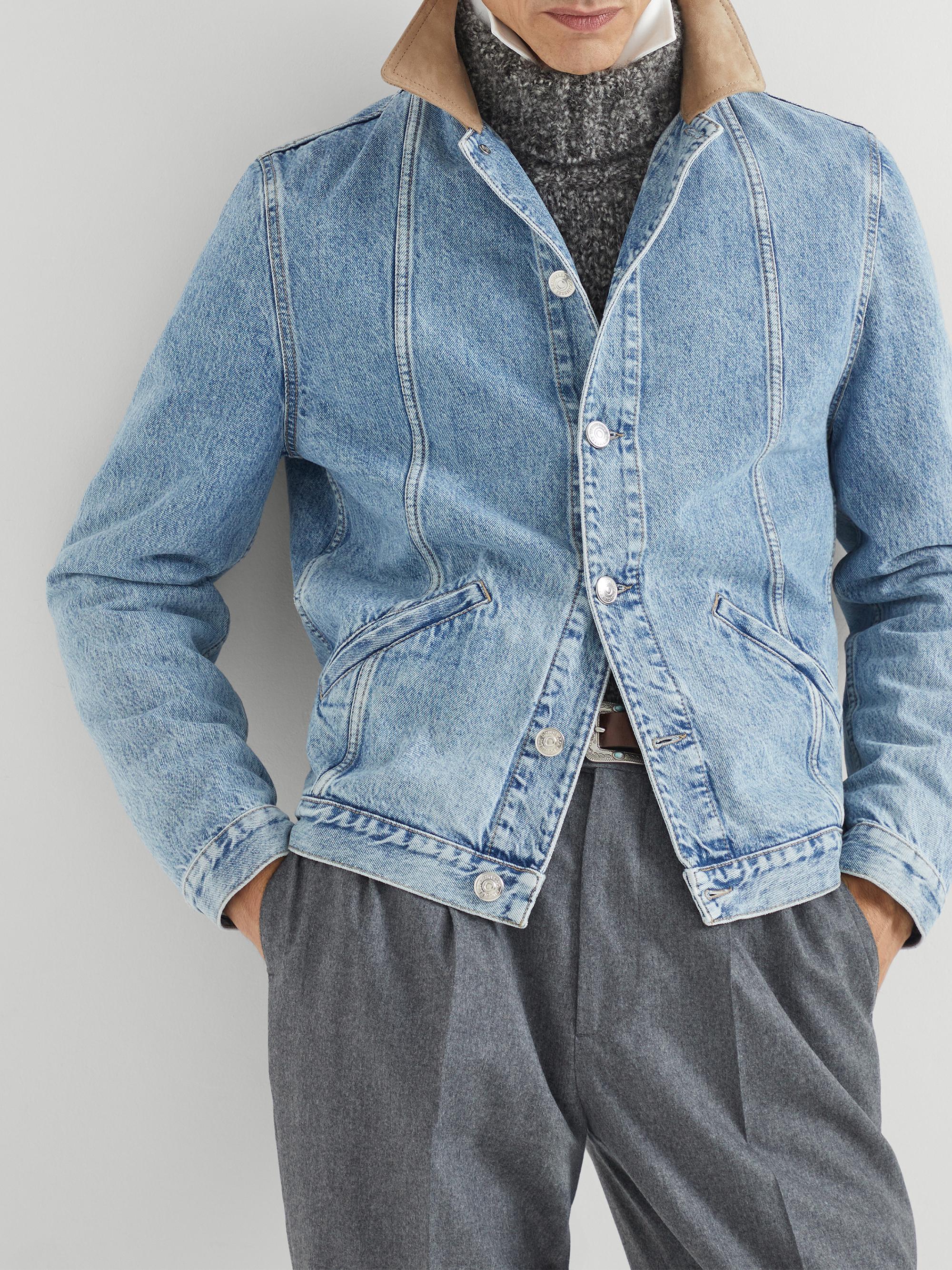 Brunello Cucinelli Denim Outerwear Jacket with Suede Collar | Saks