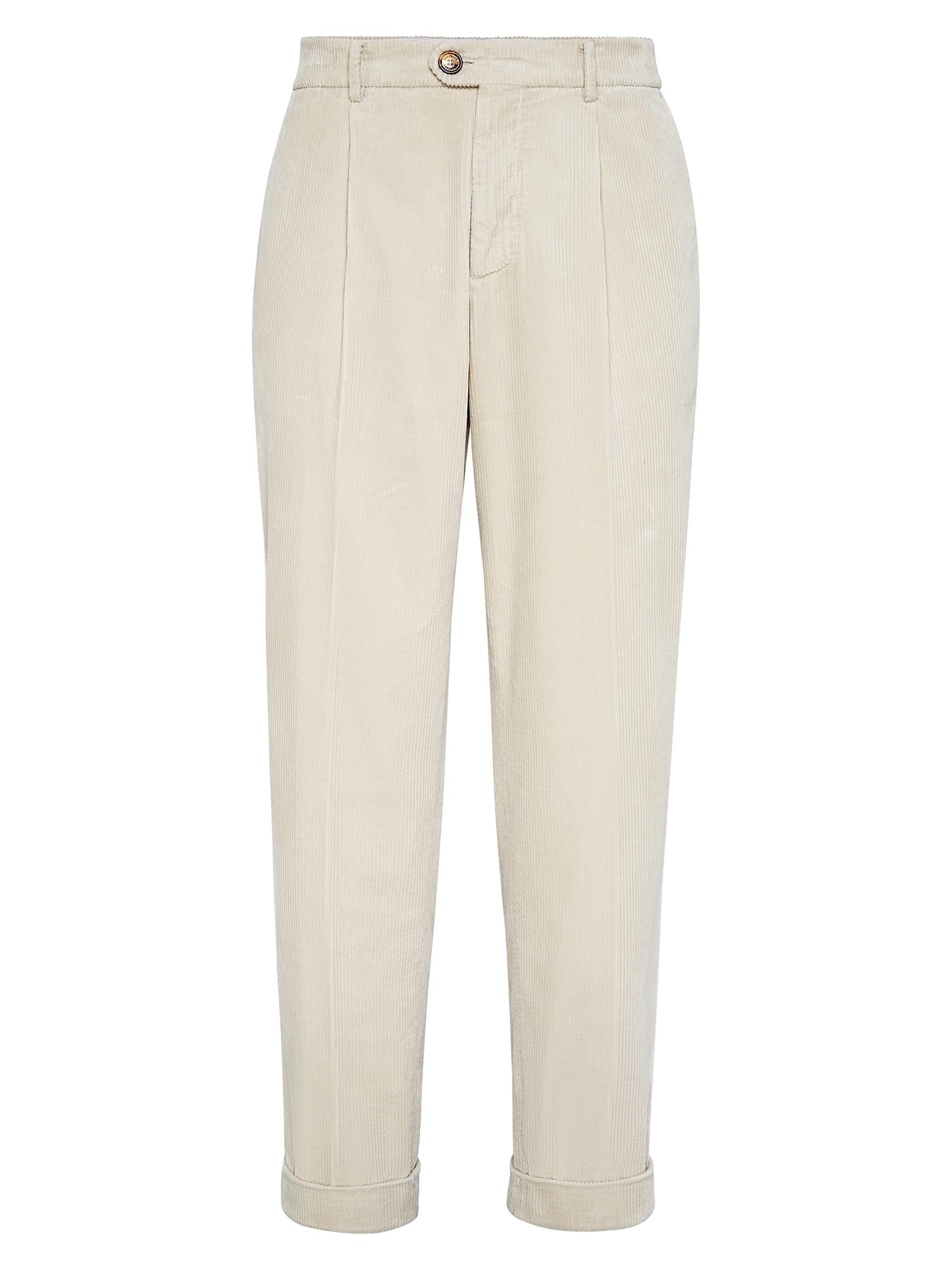 Brunello Cucinelli Men's Garment Dyed Leisure Fit Trousers in Cotton Corduroy with Pleat - Panama