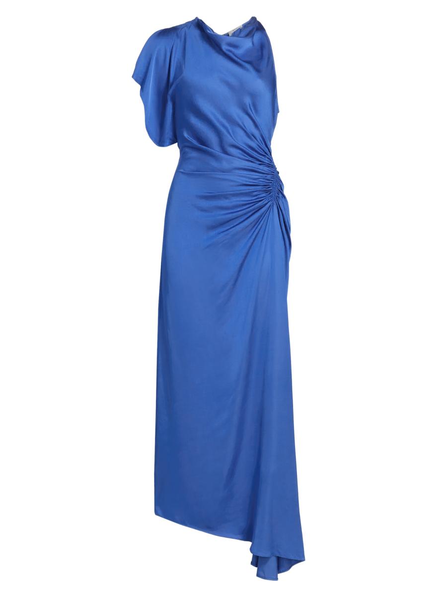 blue satin drape asymmetric strap midi dress Niamh | Powder BLUE Asymmetric Midi Dress With Drape