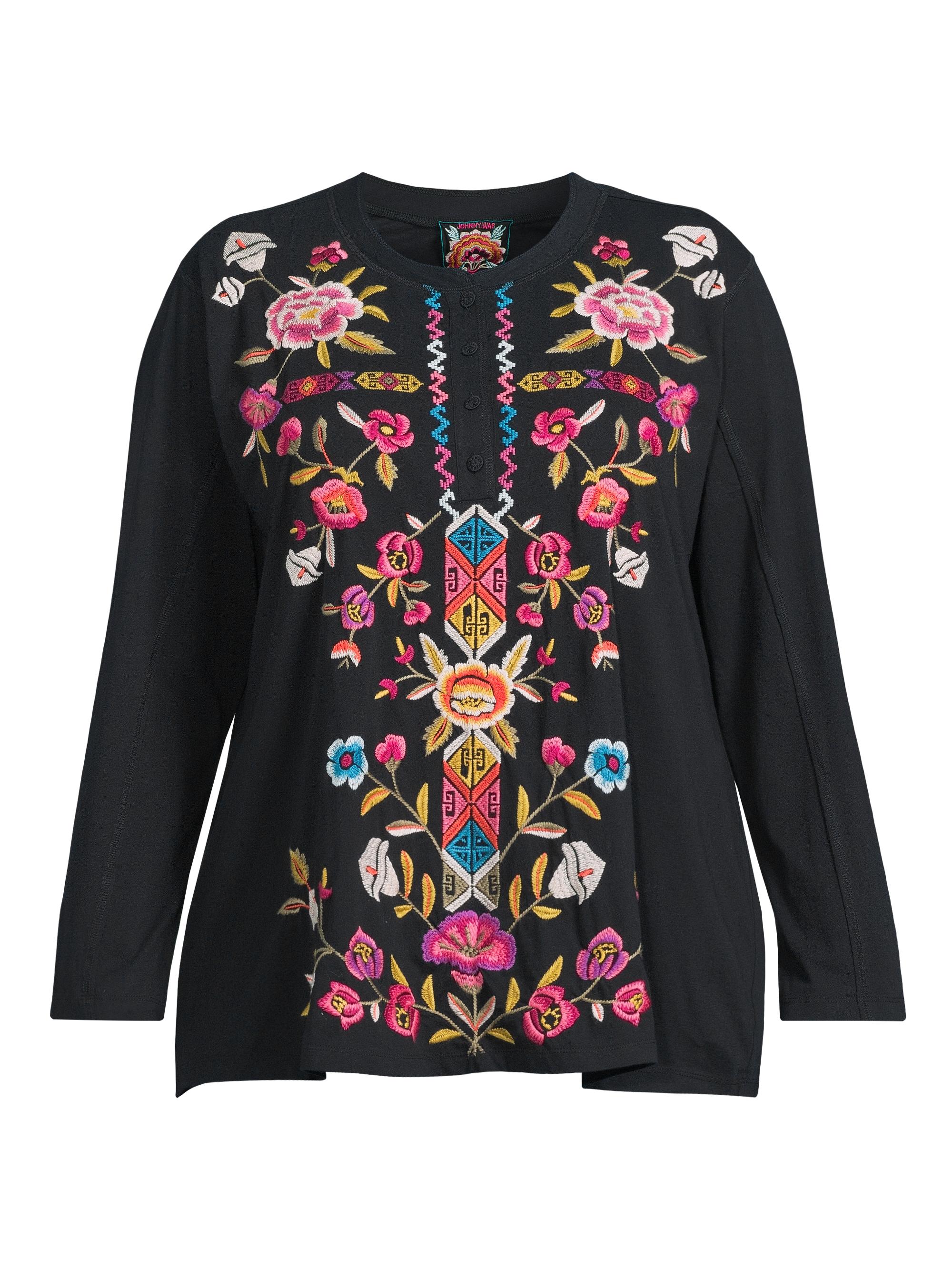 Johnny Was Women's Plus Anaya Embroidered Cotton Raw-Seam Henley - Black