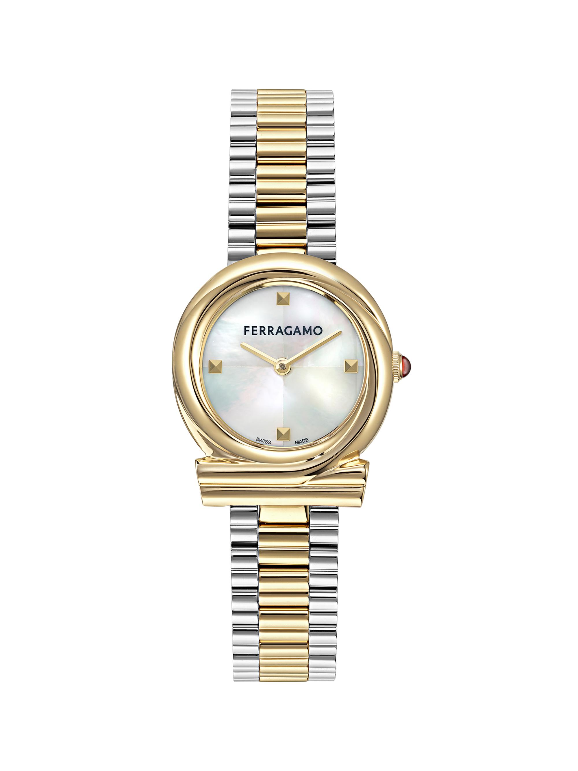 FERRAGAMO Women's Gancini Twisted Two-Tone Goldtone Stainless Steel & Mother-Of-Pearl Bracelet Watch/28MM - Two Tone