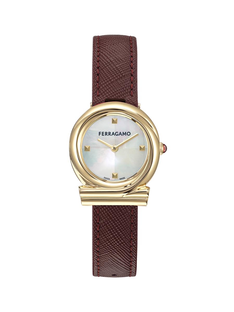 FERRAGAMO Gancini Twisted Goldtone Stainless Steel & Leather Strap