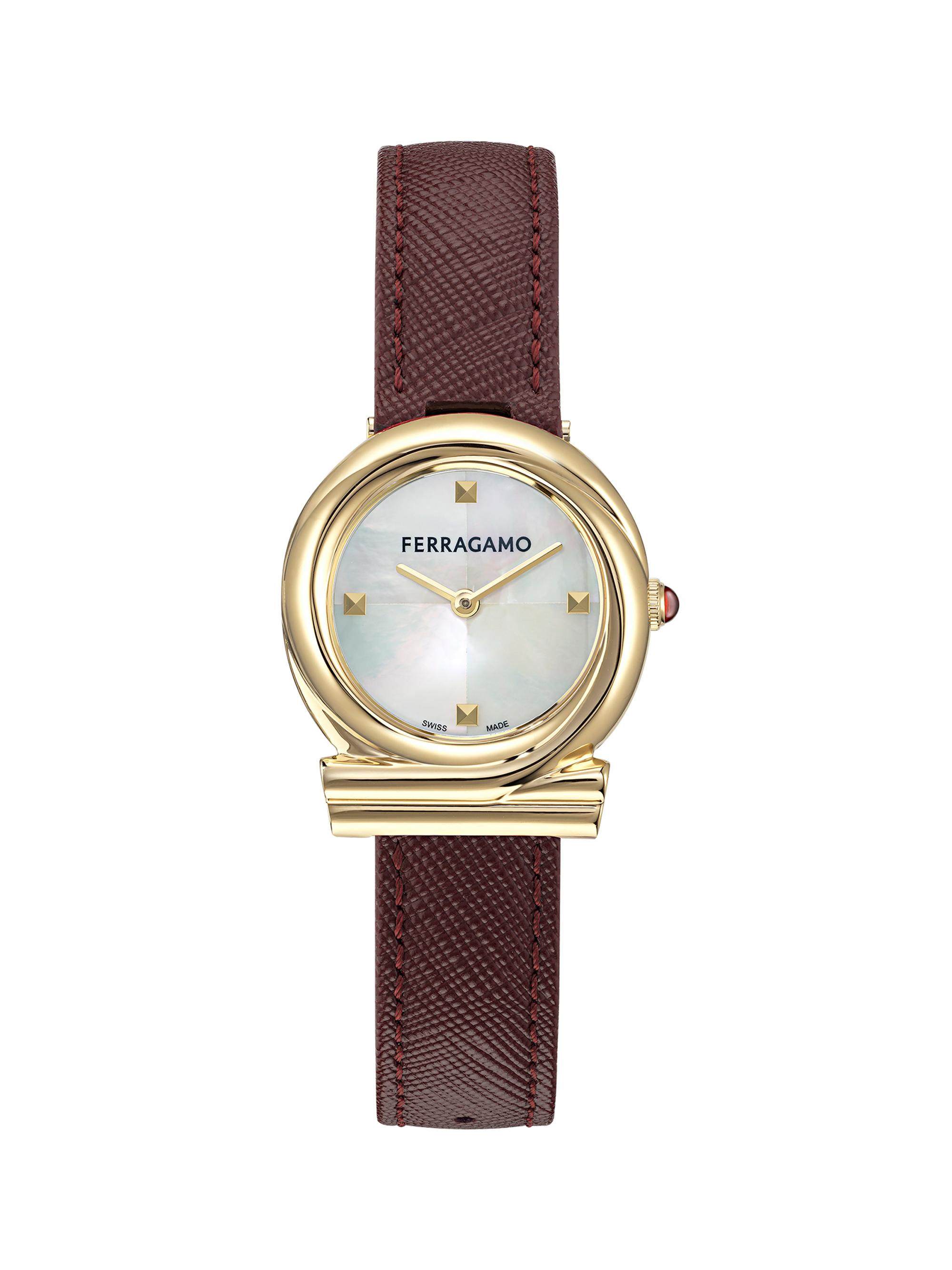FERRAGAMO Women's Gancini Twisted Goldtone Stainless Steel & Leather Strap Watch/28MM - Yellow Gold