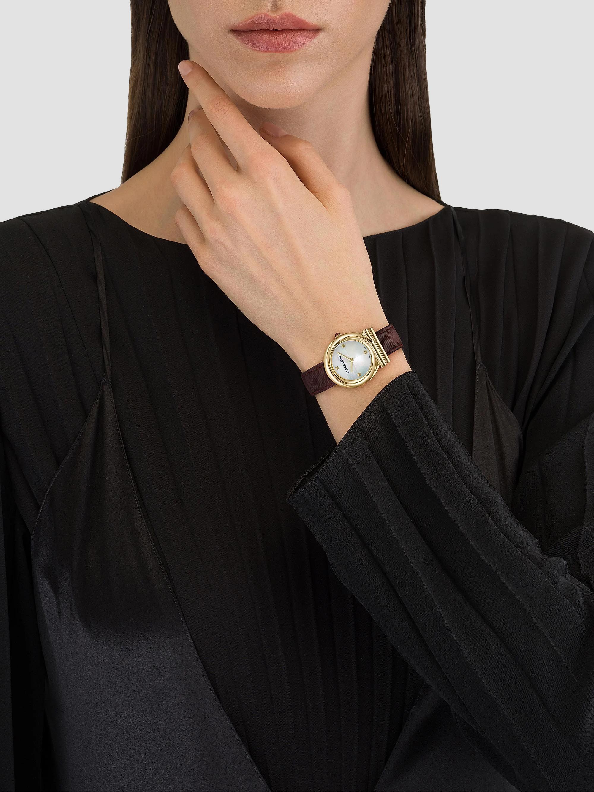 FERRAGAMO Gancini Twisted Goldtone Stainless Steel & Leather Strap