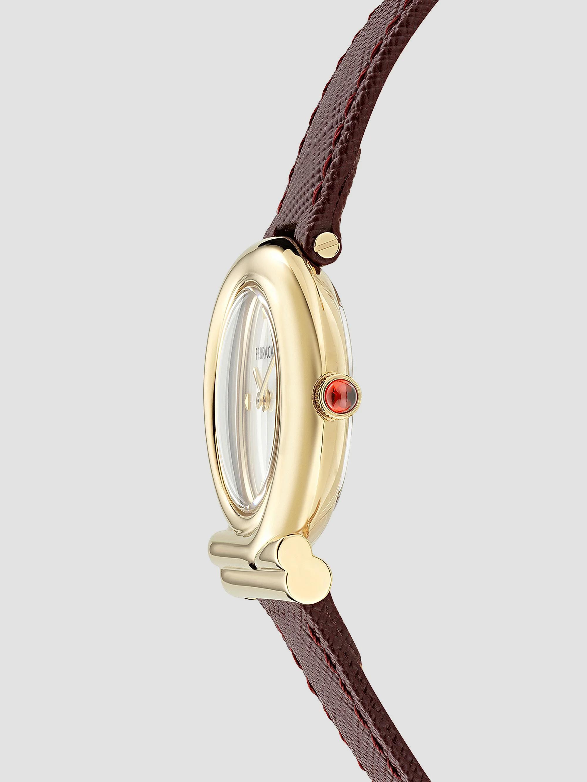 FERRAGAMO Gancini Twisted Goldtone Stainless Steel & Leather Strap