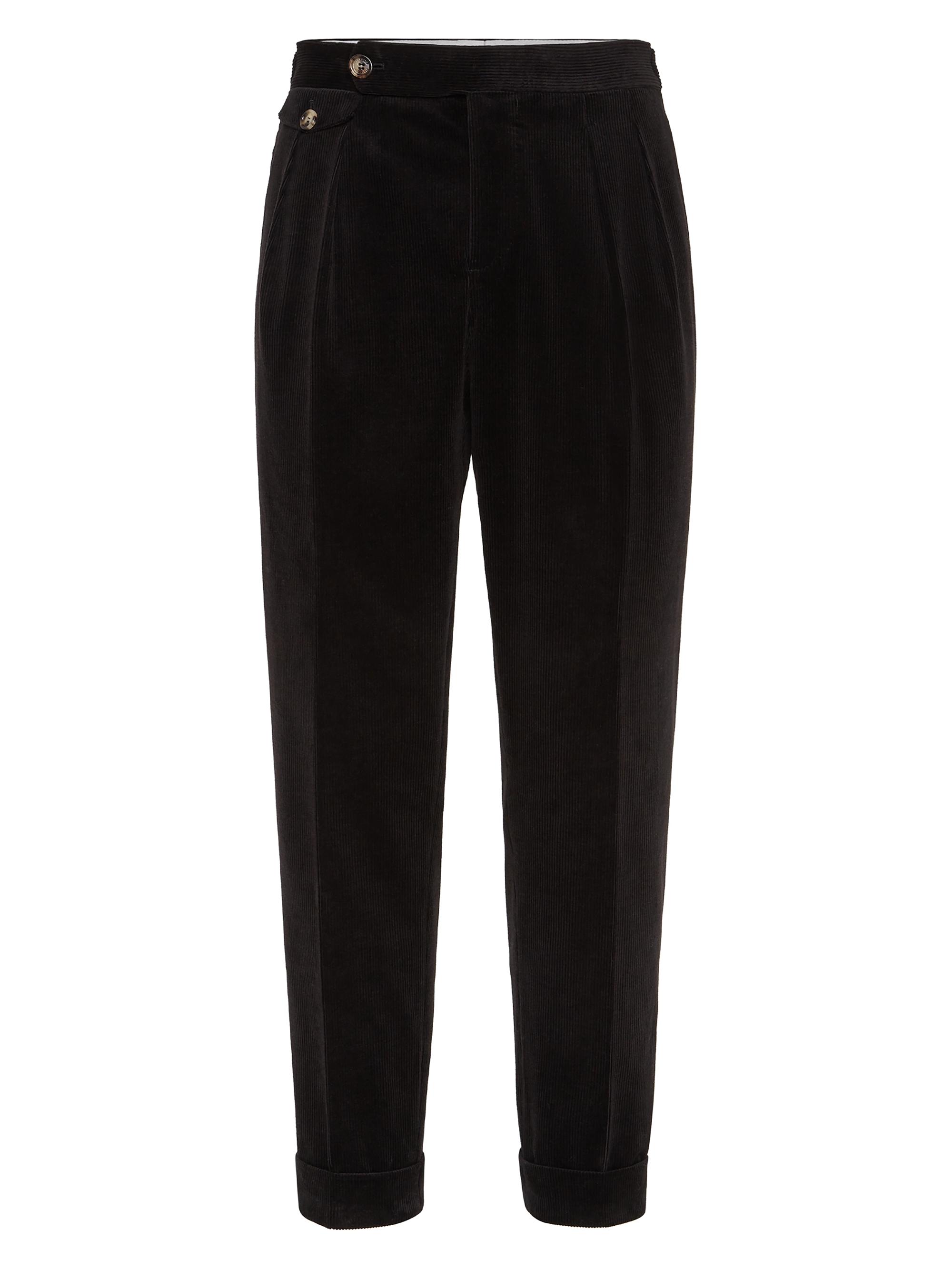 Brunello Cucinelli Men's Corduroy Tailor Fit Trousers with Double Pleats - Black