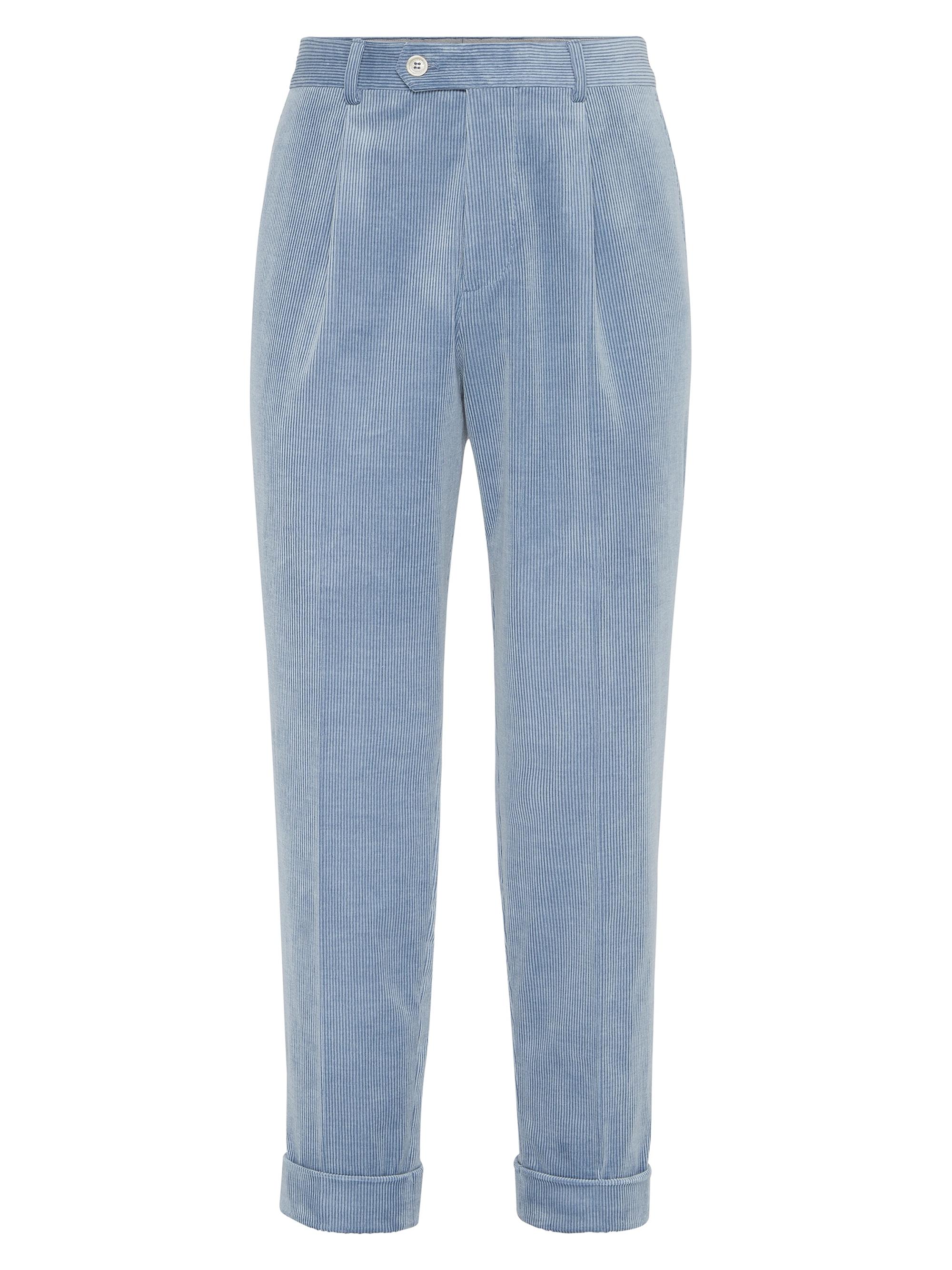 Brunello Cucinelli Men's Comfort Cotton and Cashmere Corduroy Leisure Fit Trousers with Pleat - Denim