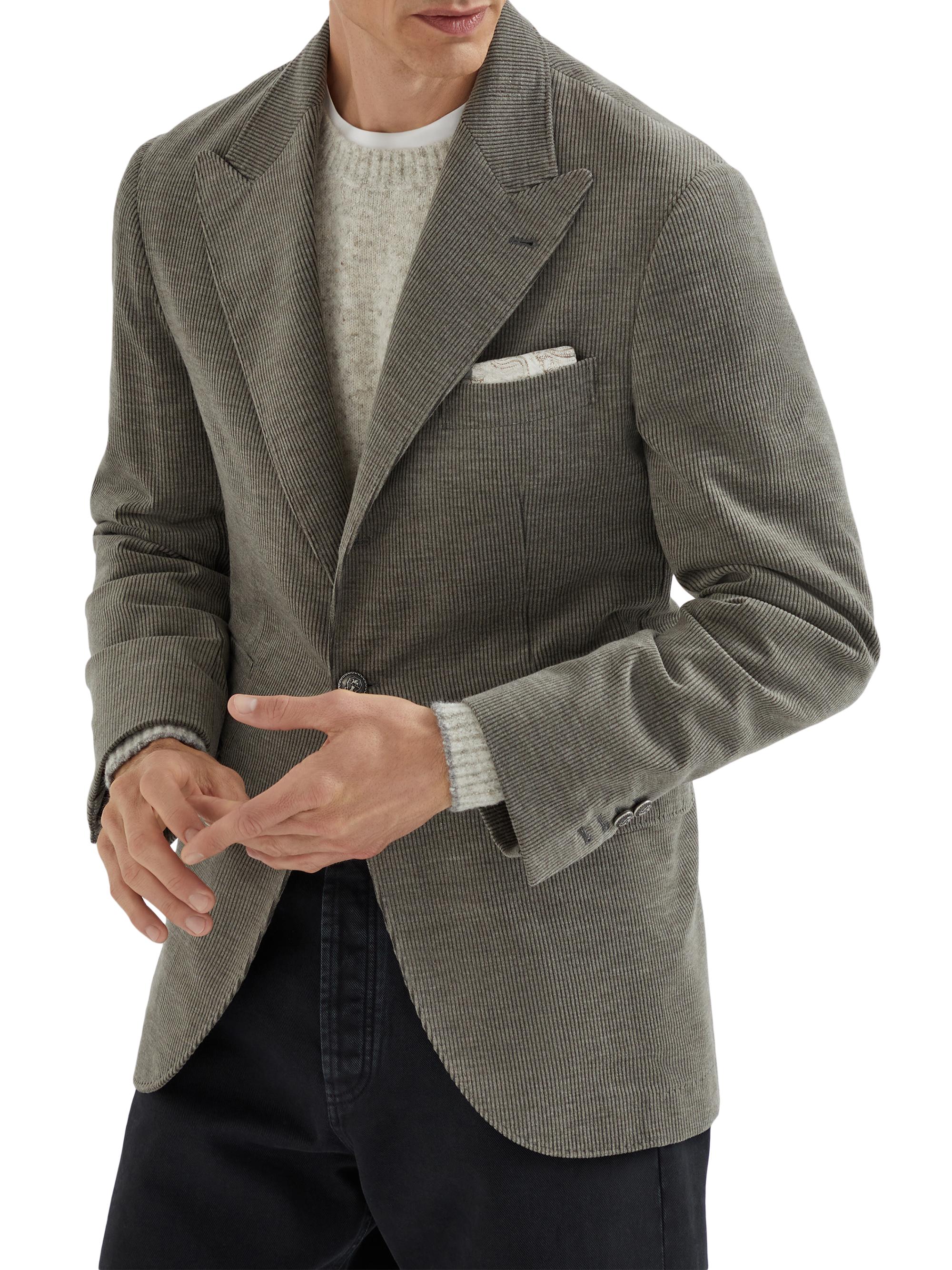 Brunello Cucinelli Men's Corduroy Deconstructed Blazer with Large Peak Lapels - Khaki