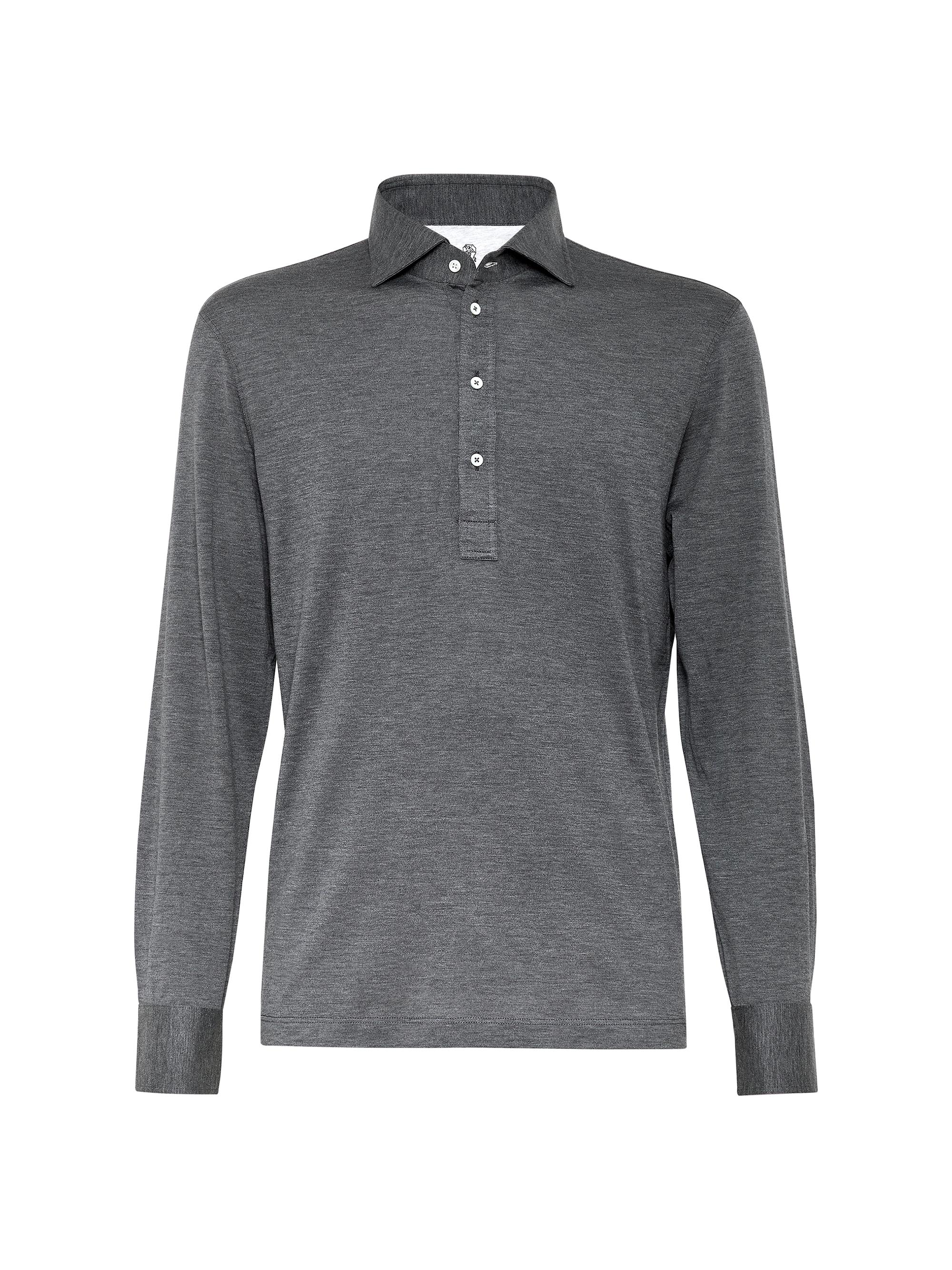 Brunello Cucinelli Men's Long Sleeve Polo Shirt with Shirt Style Collar - Dark Grey