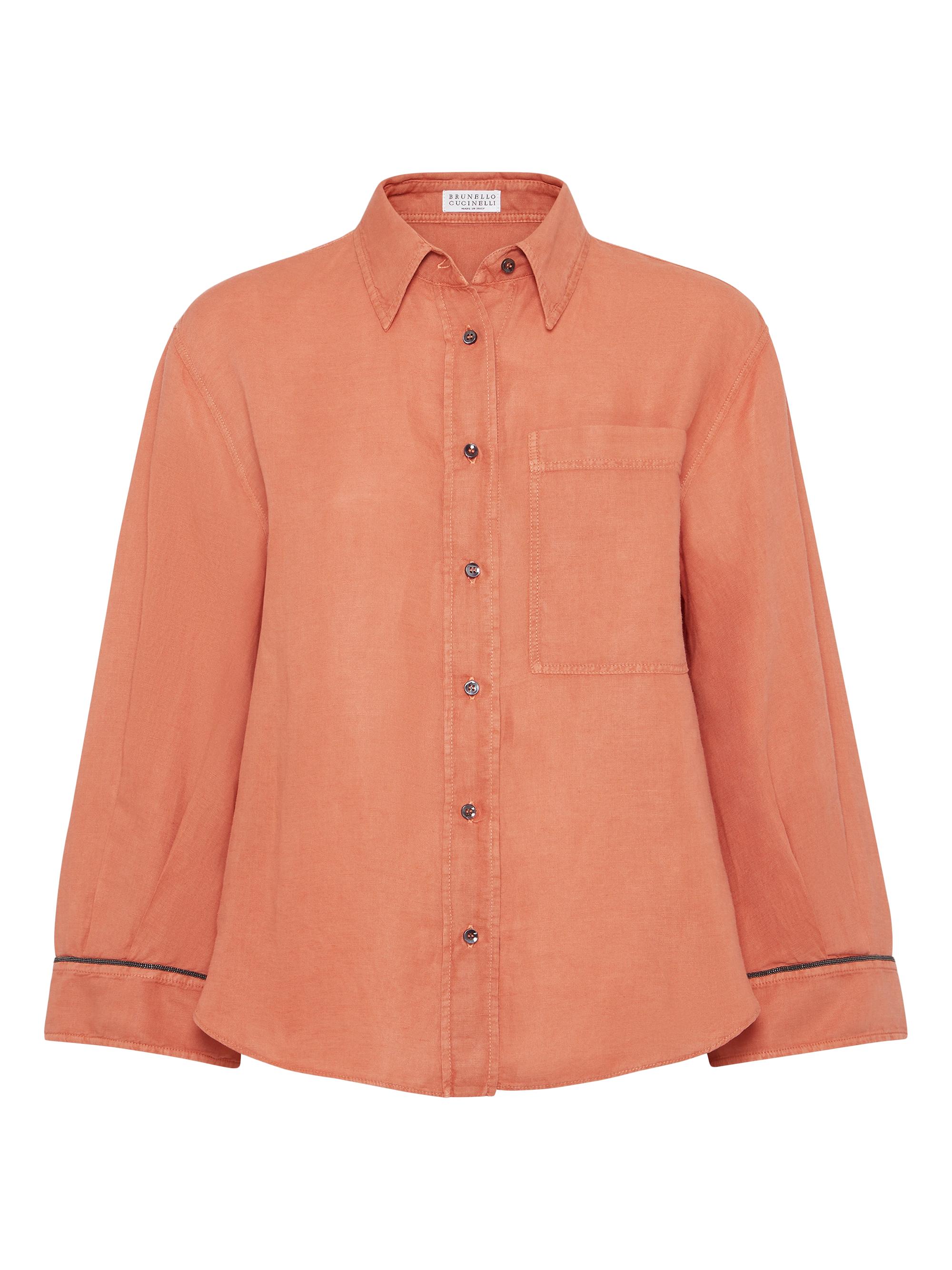 Brunello Cucinelli Women's Garment Dyed Linen and Cotton Pinpoint Shirt with Shiny Cuffs - Mandarin